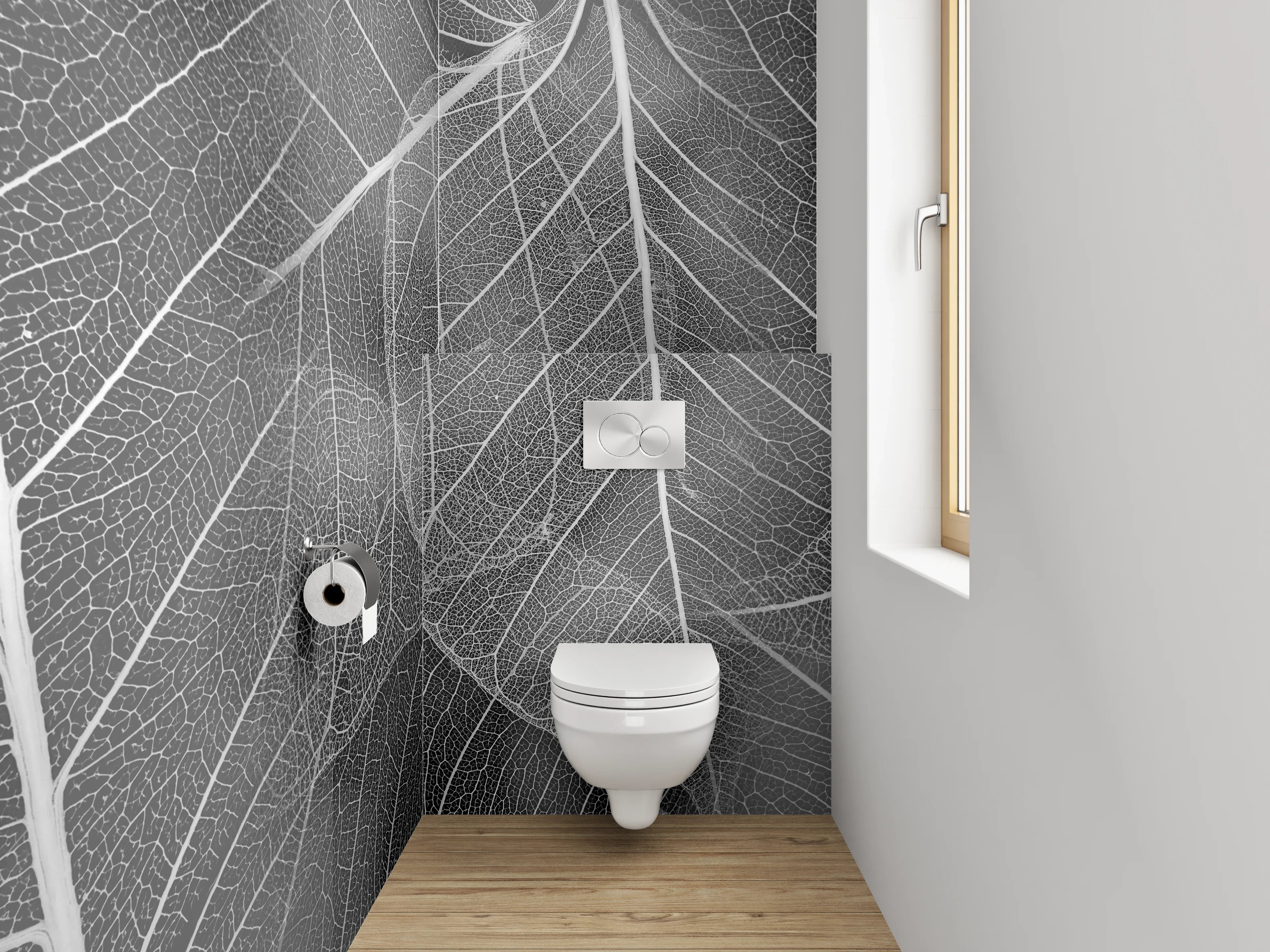 WC-Rückwand - Schwarz-weiße filigrane Blattadern