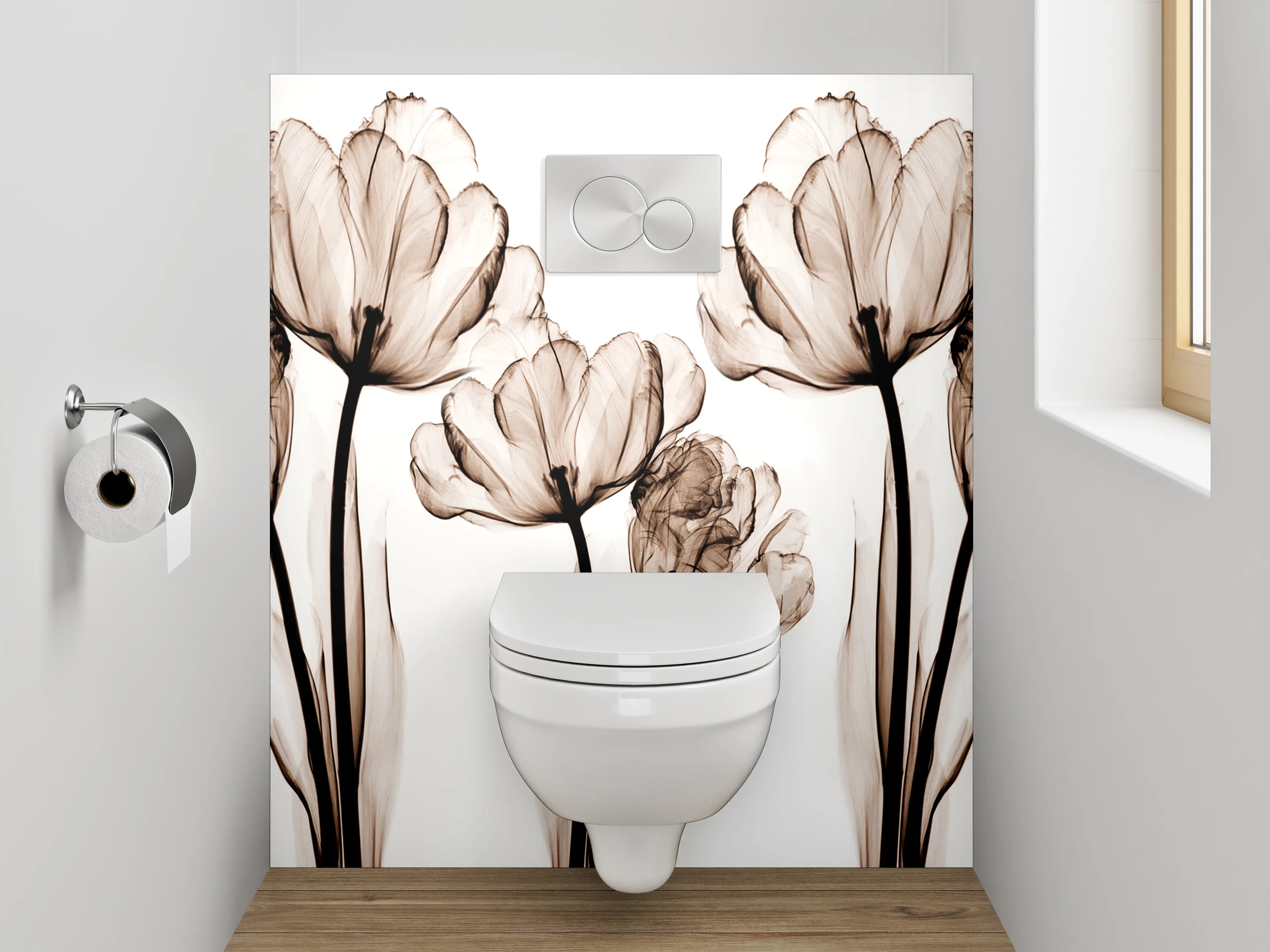 WC-Rückwand - Schwarz-weiße florale Lineart Tulpen