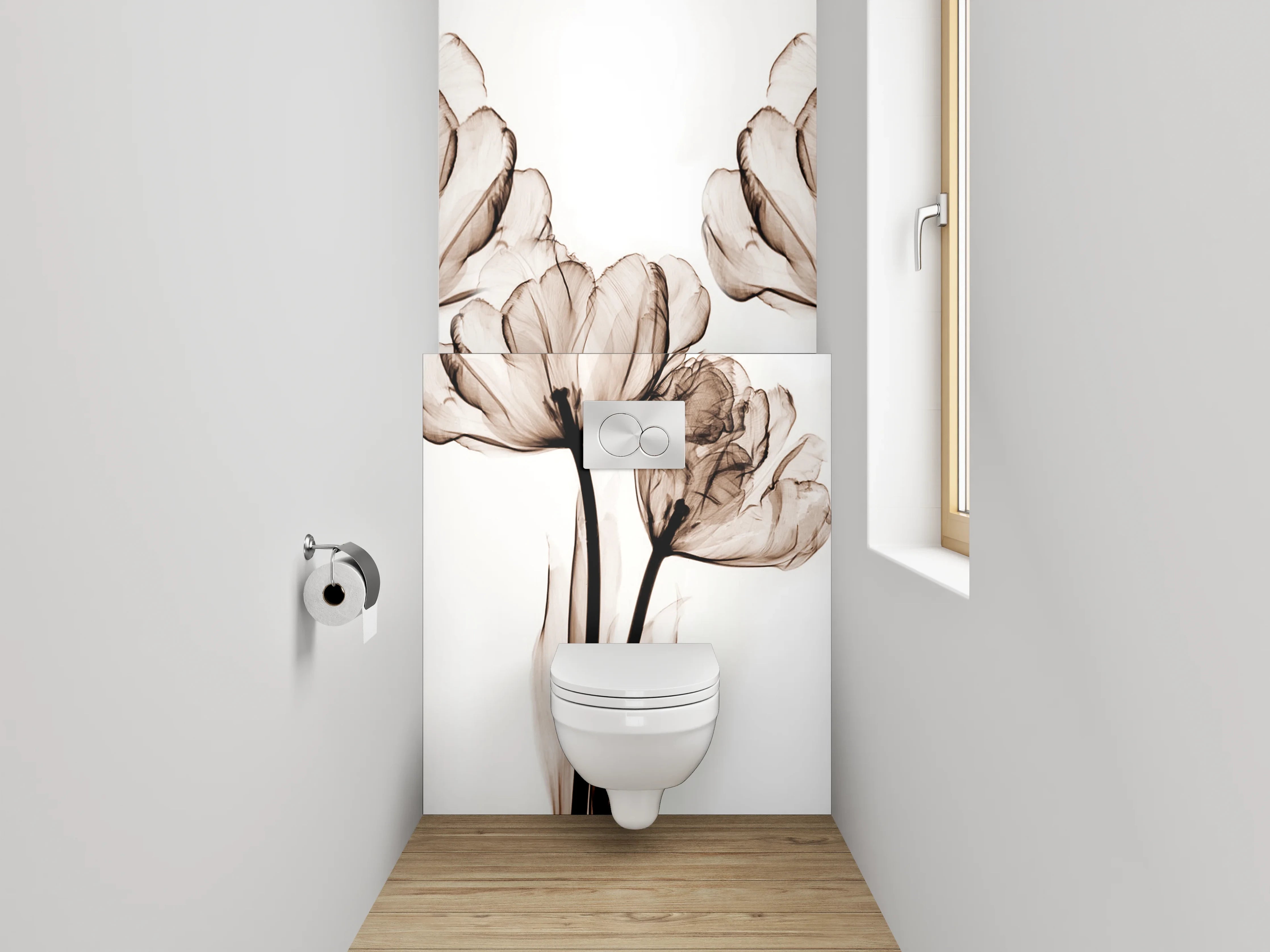 WC-Rückwand - Schwarz-weiße florale Lineart Tulpen
