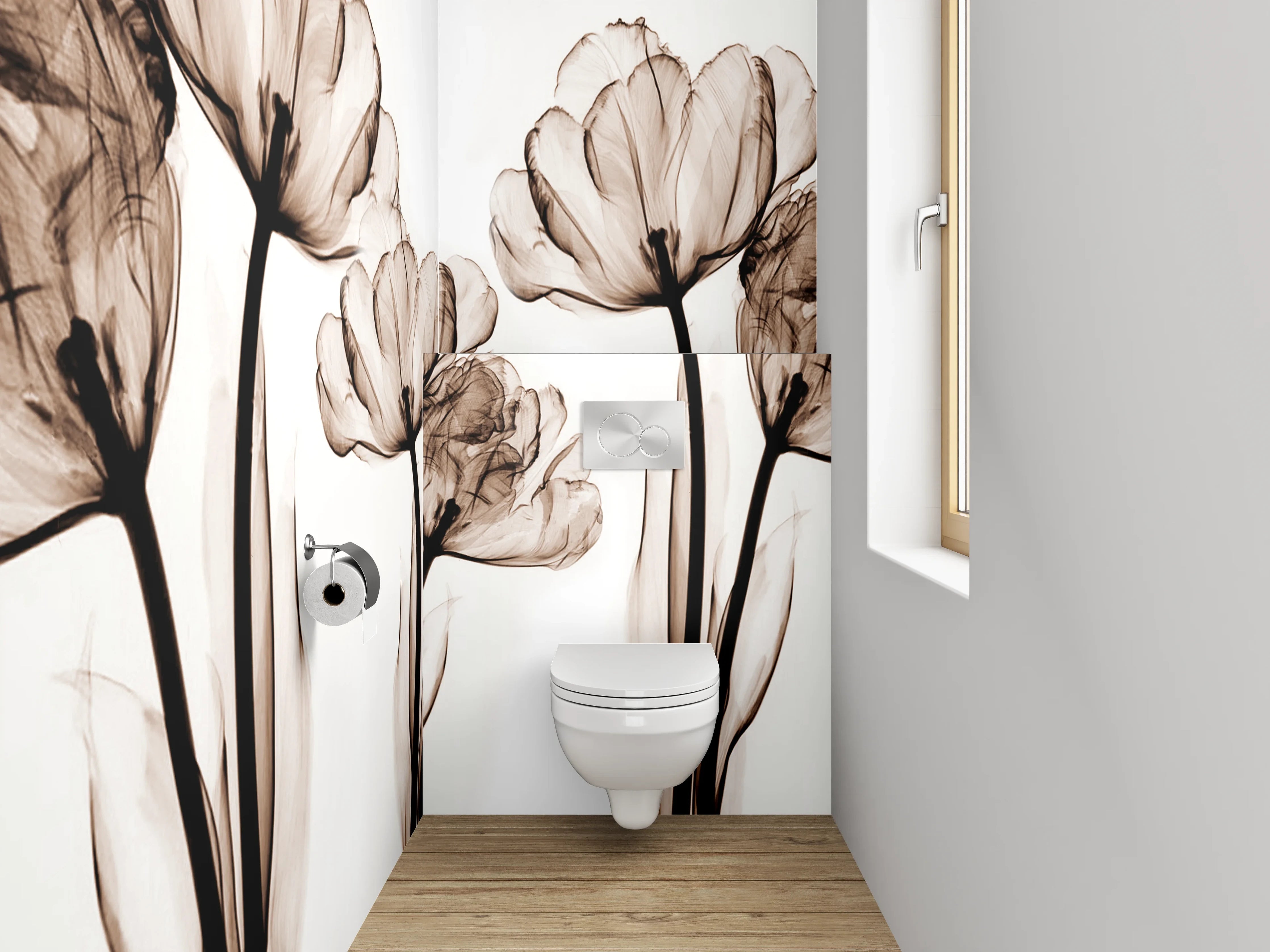 WC-Rückwand - Schwarz-weiße florale Lineart Tulpen