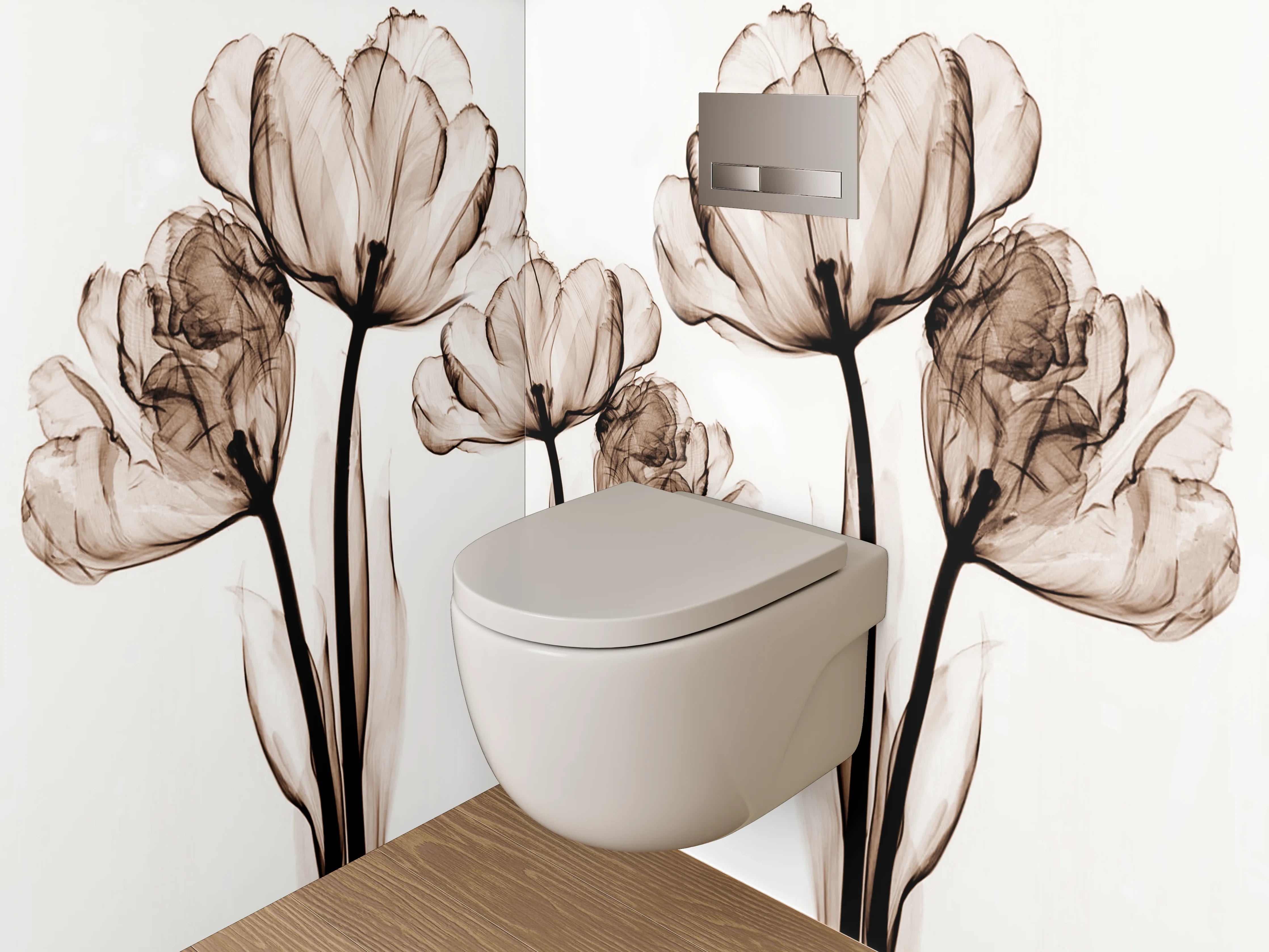 WC-Rückwand - Schwarz-weiße florale Lineart Tulpen