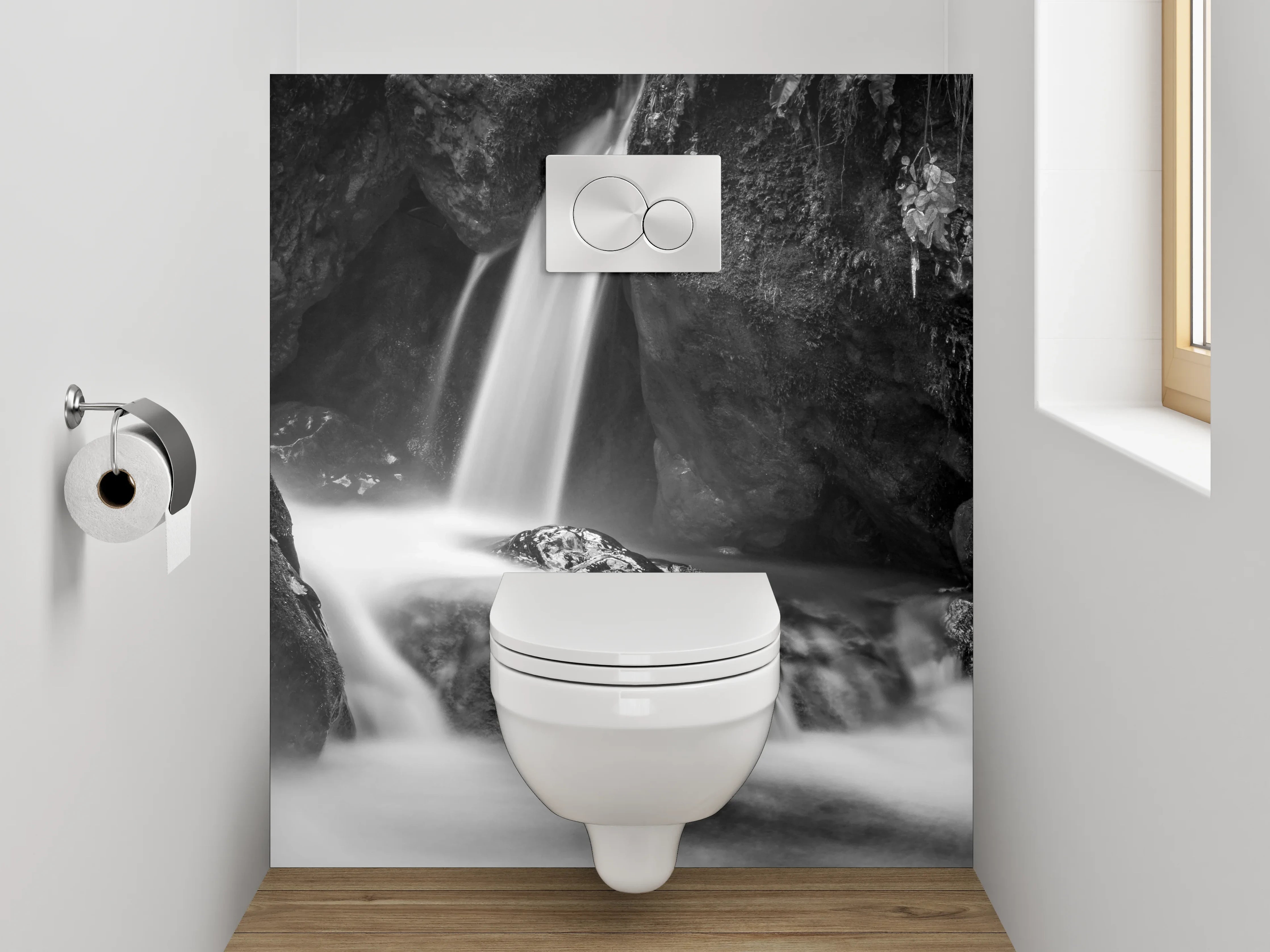 WC-Rückwand - Schwarz-weißer Wasserfall auf Felsen