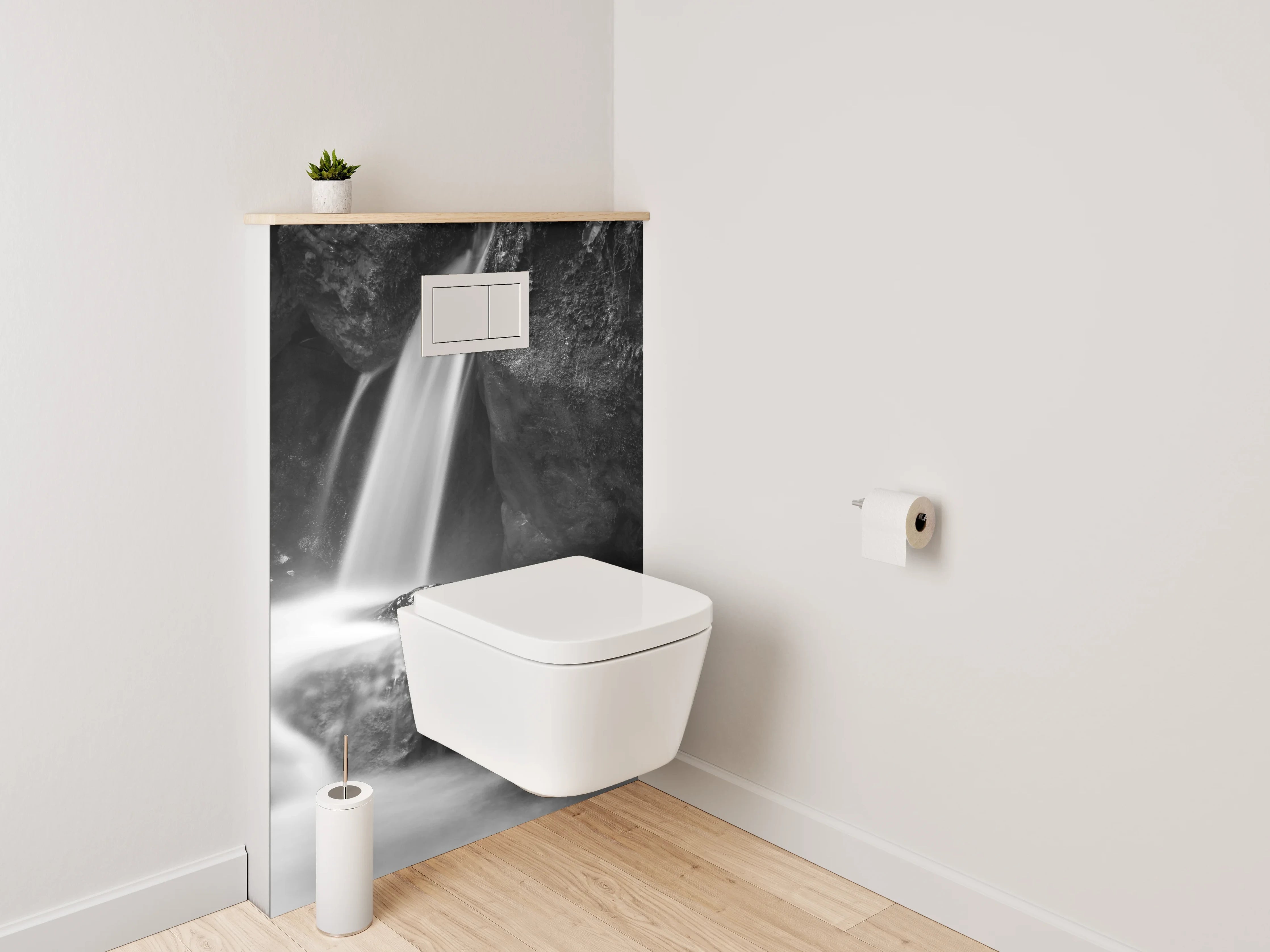 WC-Rückwand - Schwarz-weißer Wasserfall auf Felsen
