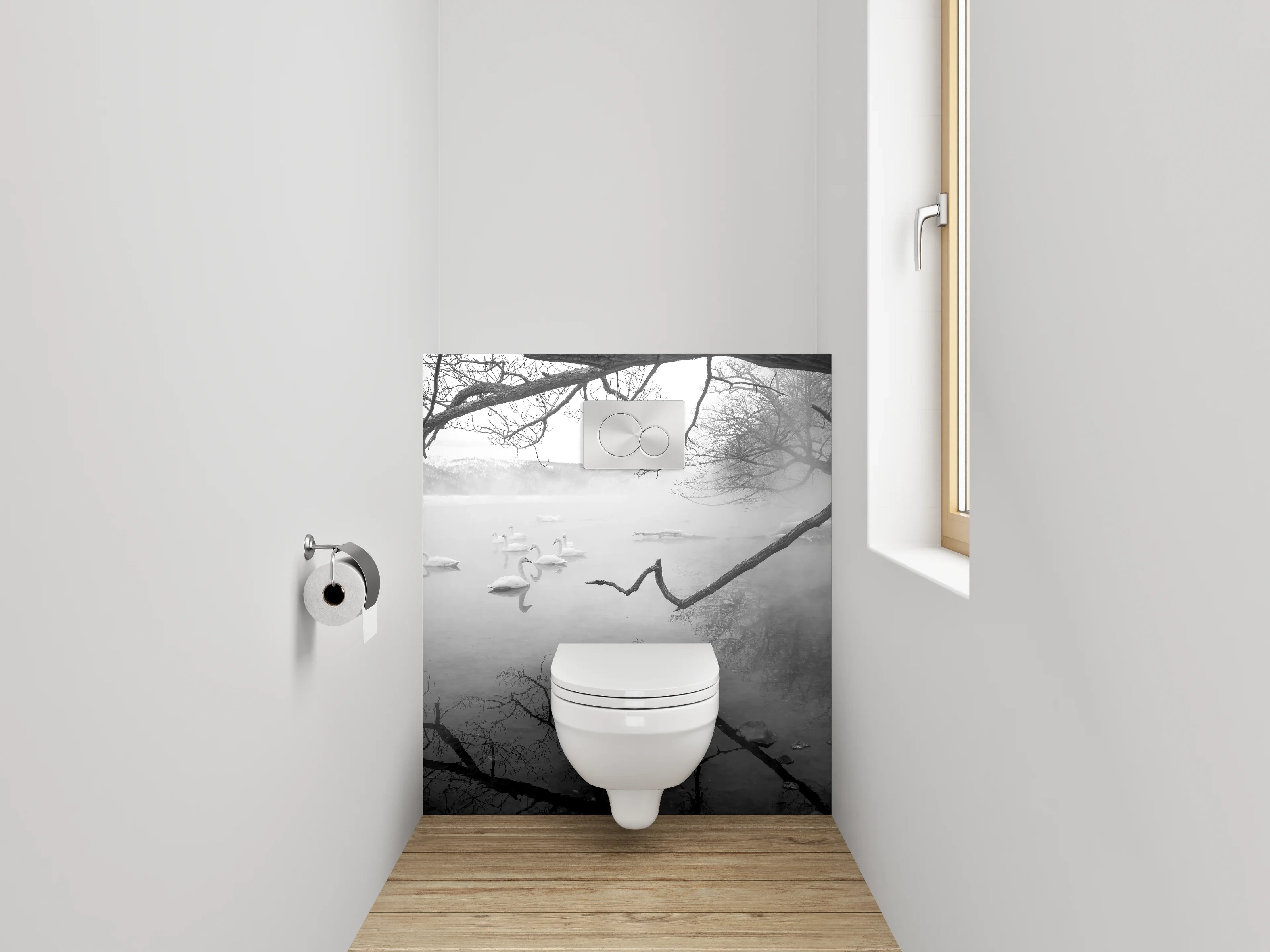 WC-Rückwand - Schwarz-weißer Wintersee mit Schwänen