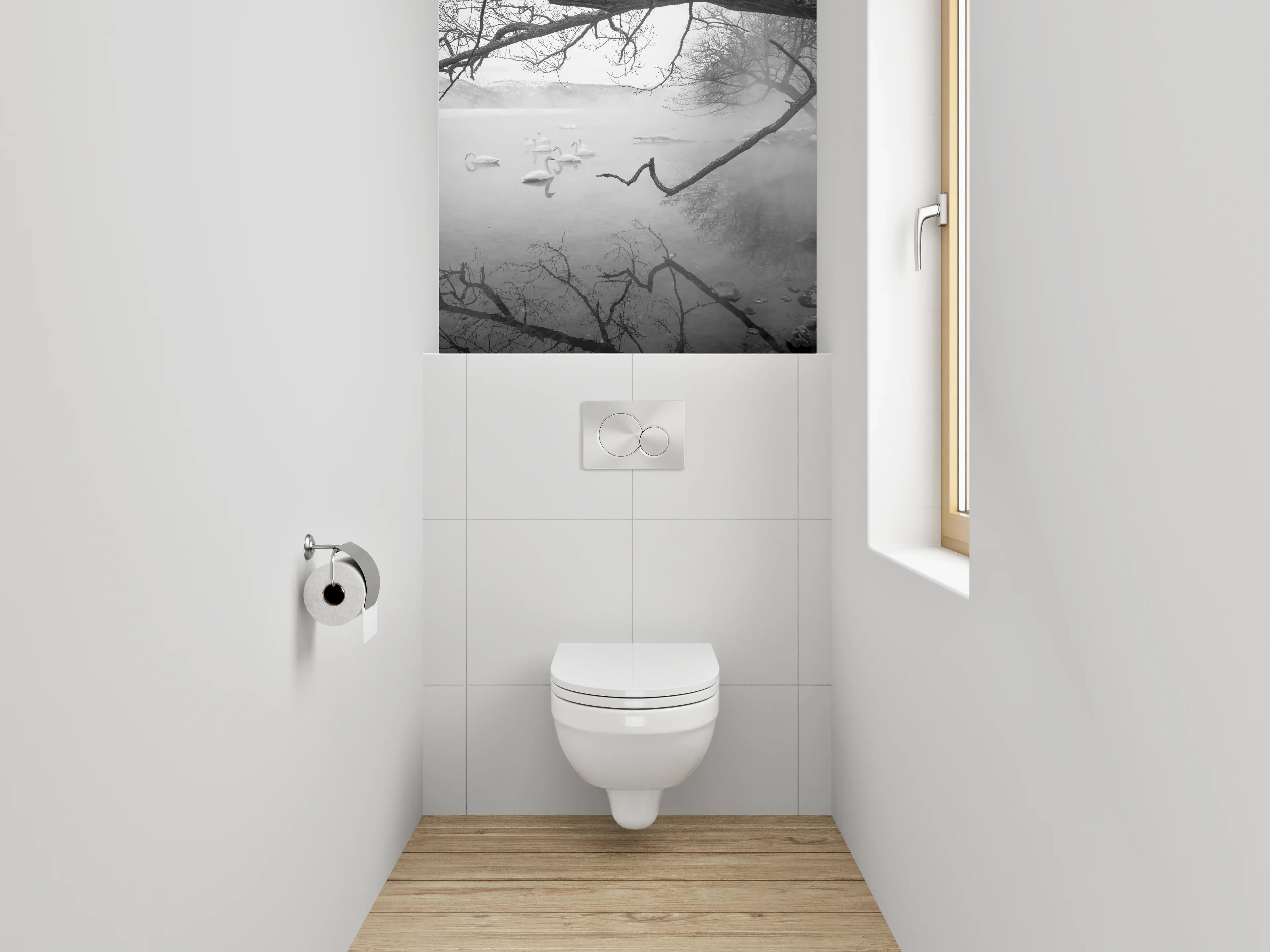 WC-Rückwand - Schwarz-weißer Wintersee mit Schwänen