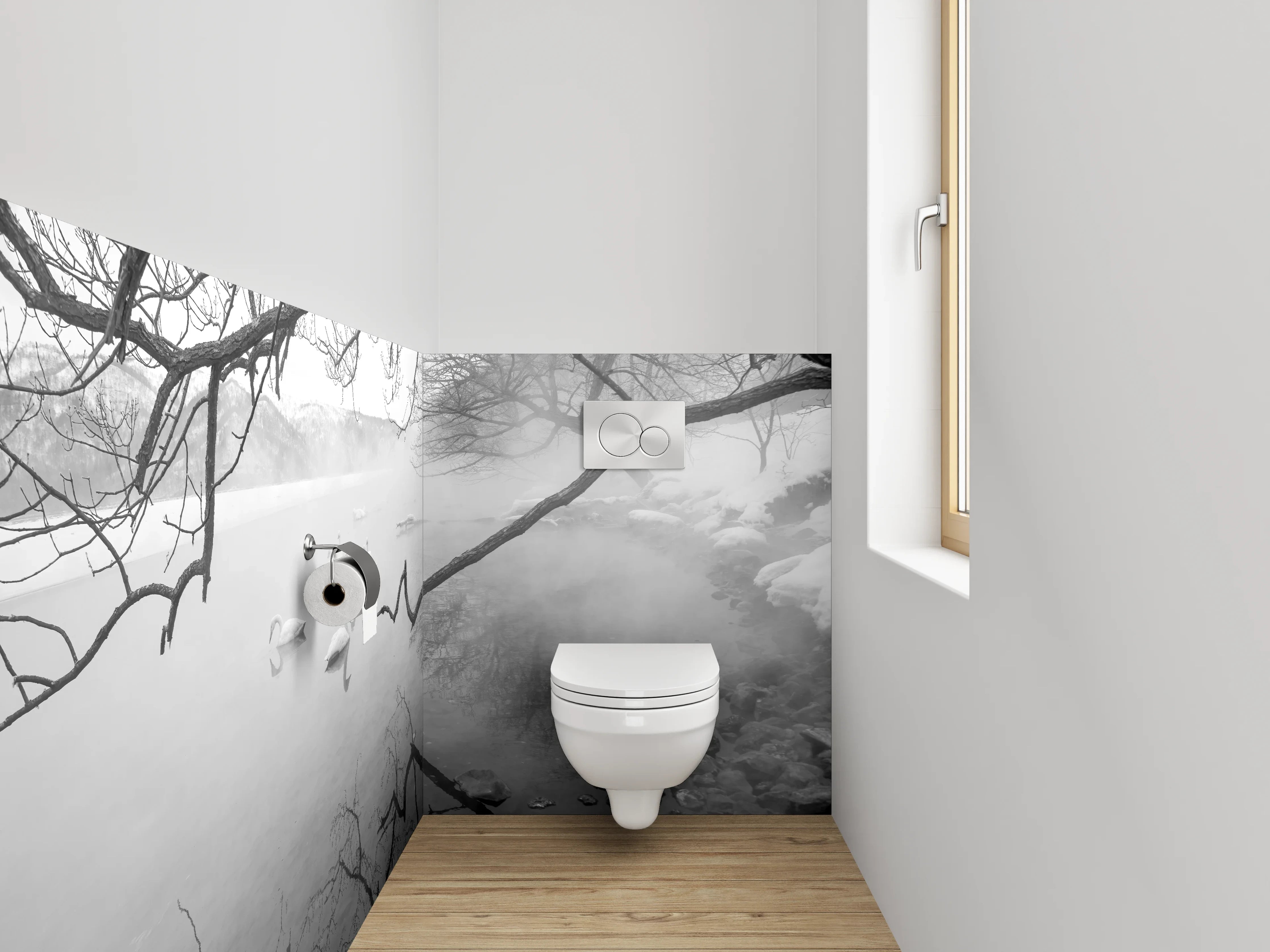 WC-Rückwand - Schwarz-weißer Wintersee mit Schwänen