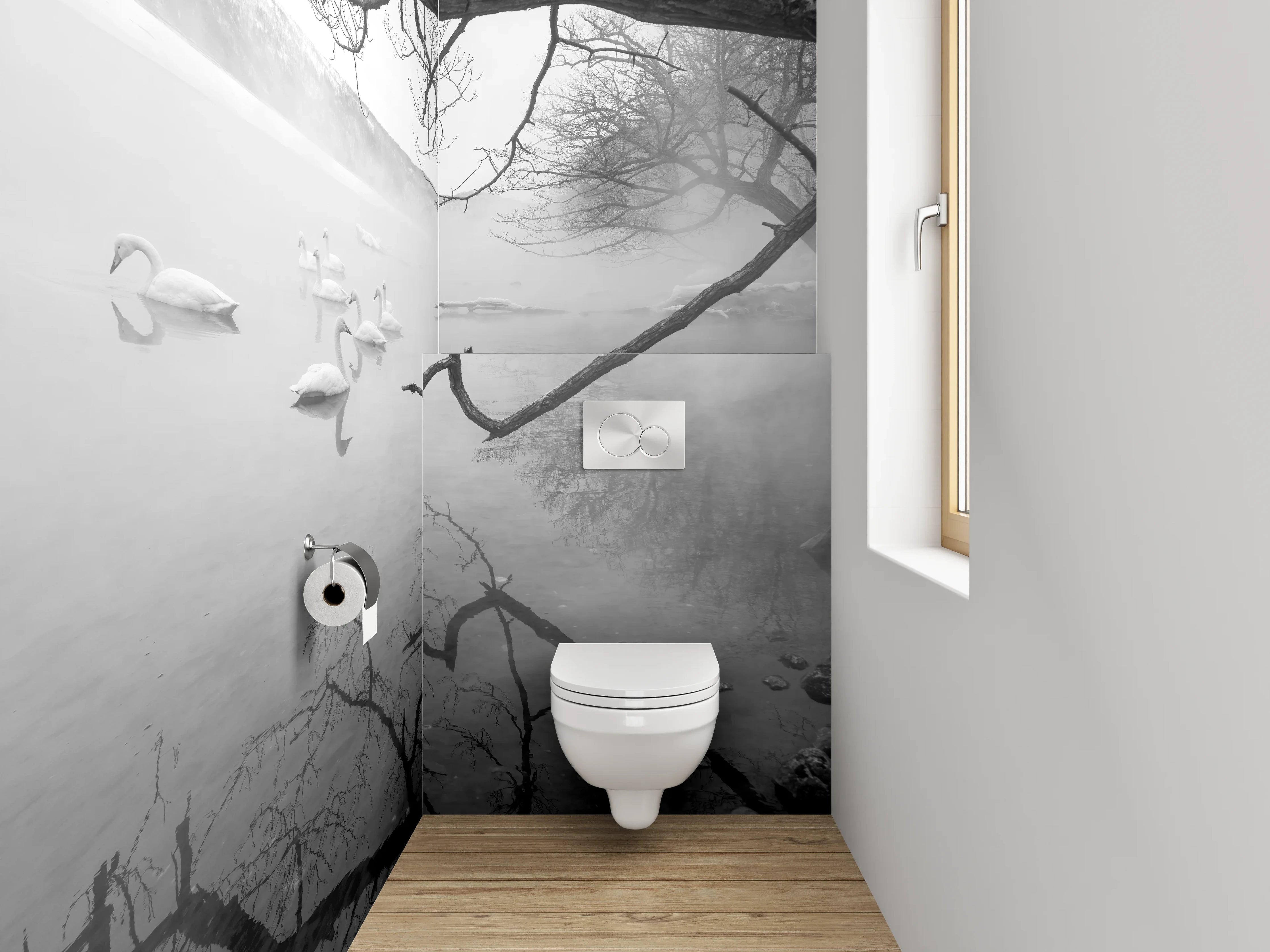 WC-Rückwand - Schwarz-weißer Wintersee mit Schwänen