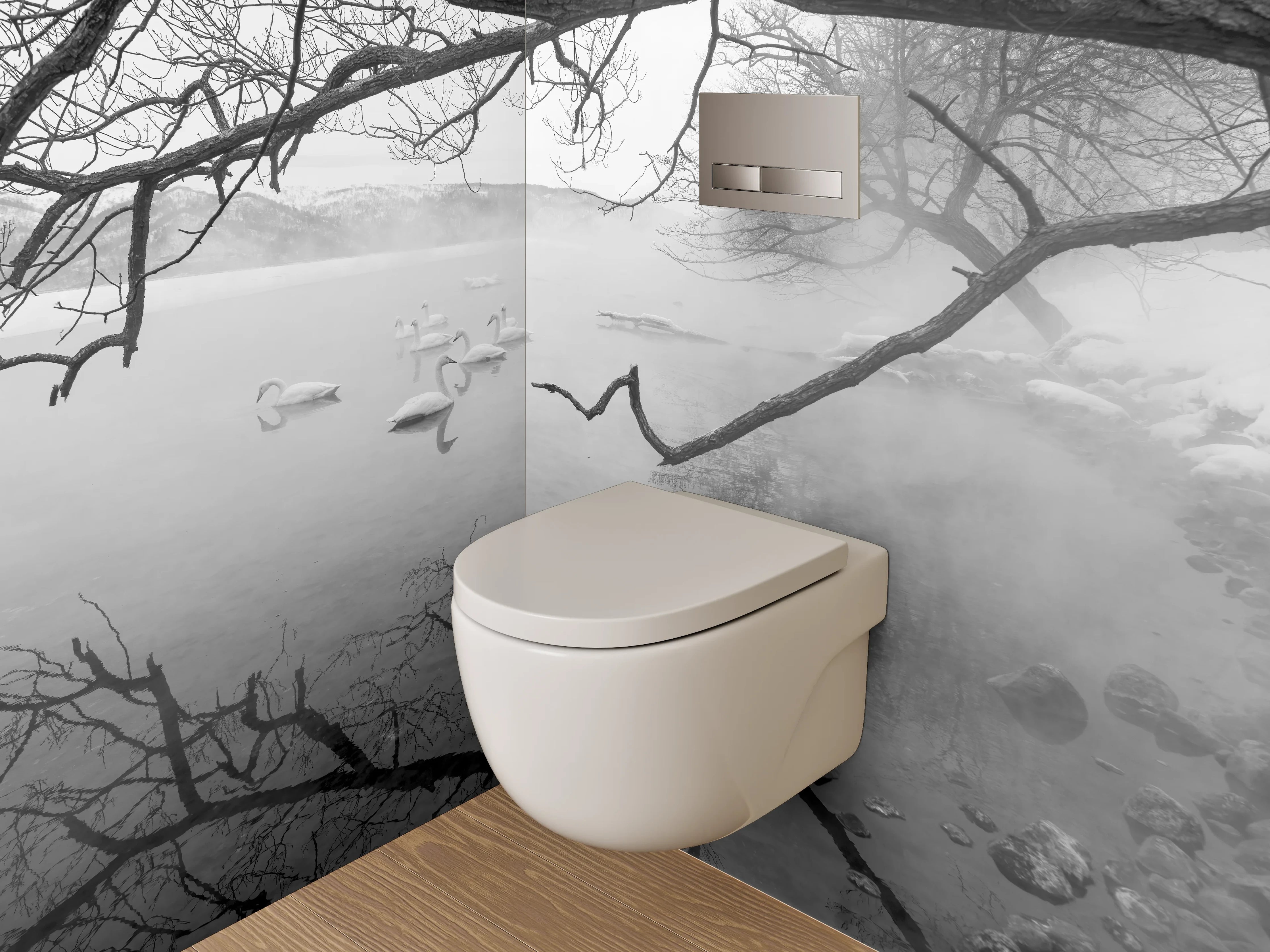 WC-Rückwand - Schwarz-weißer Wintersee mit Schwänen