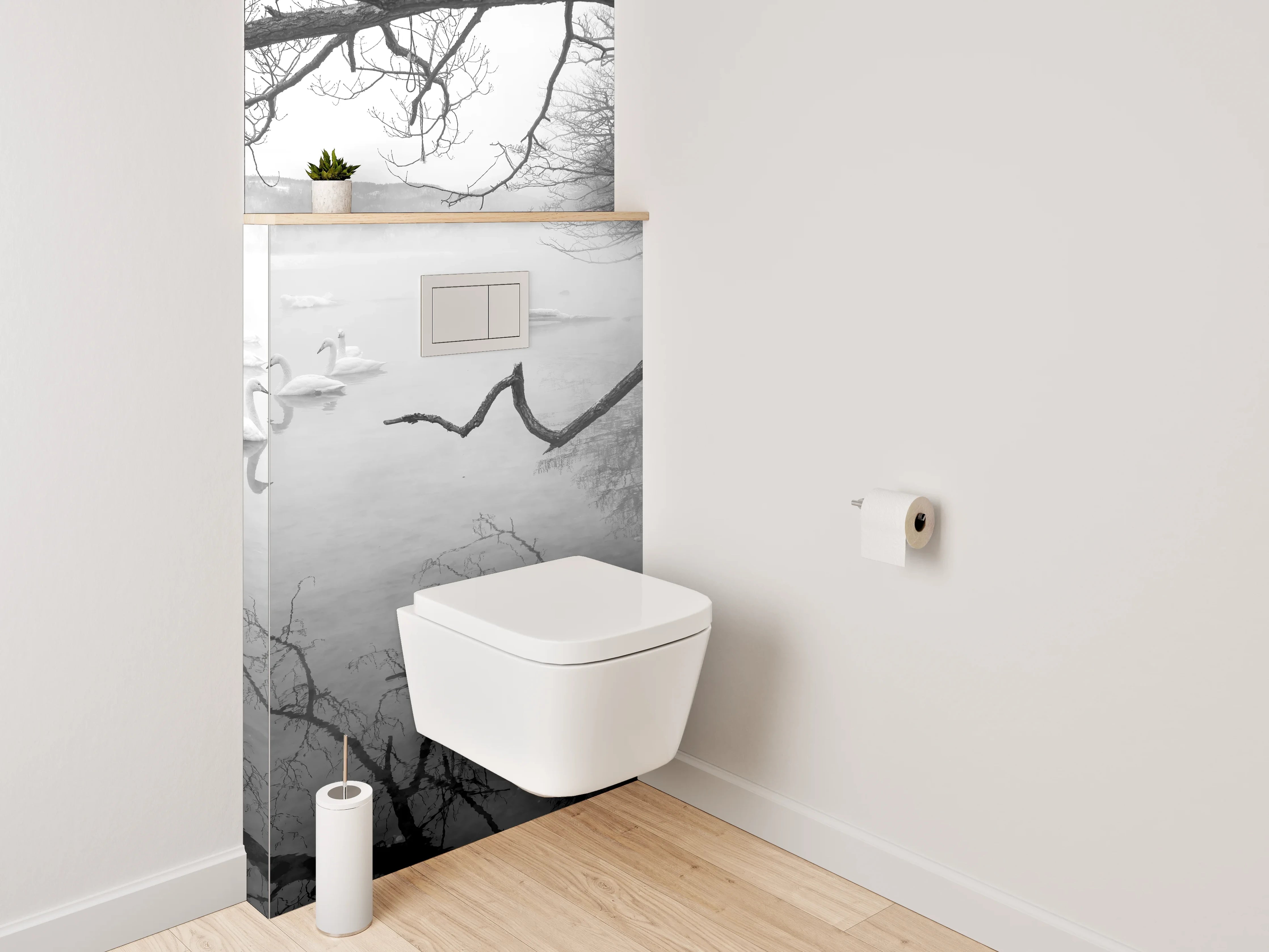 WC-Rückwand - Schwarz-weißer Wintersee mit Schwänen