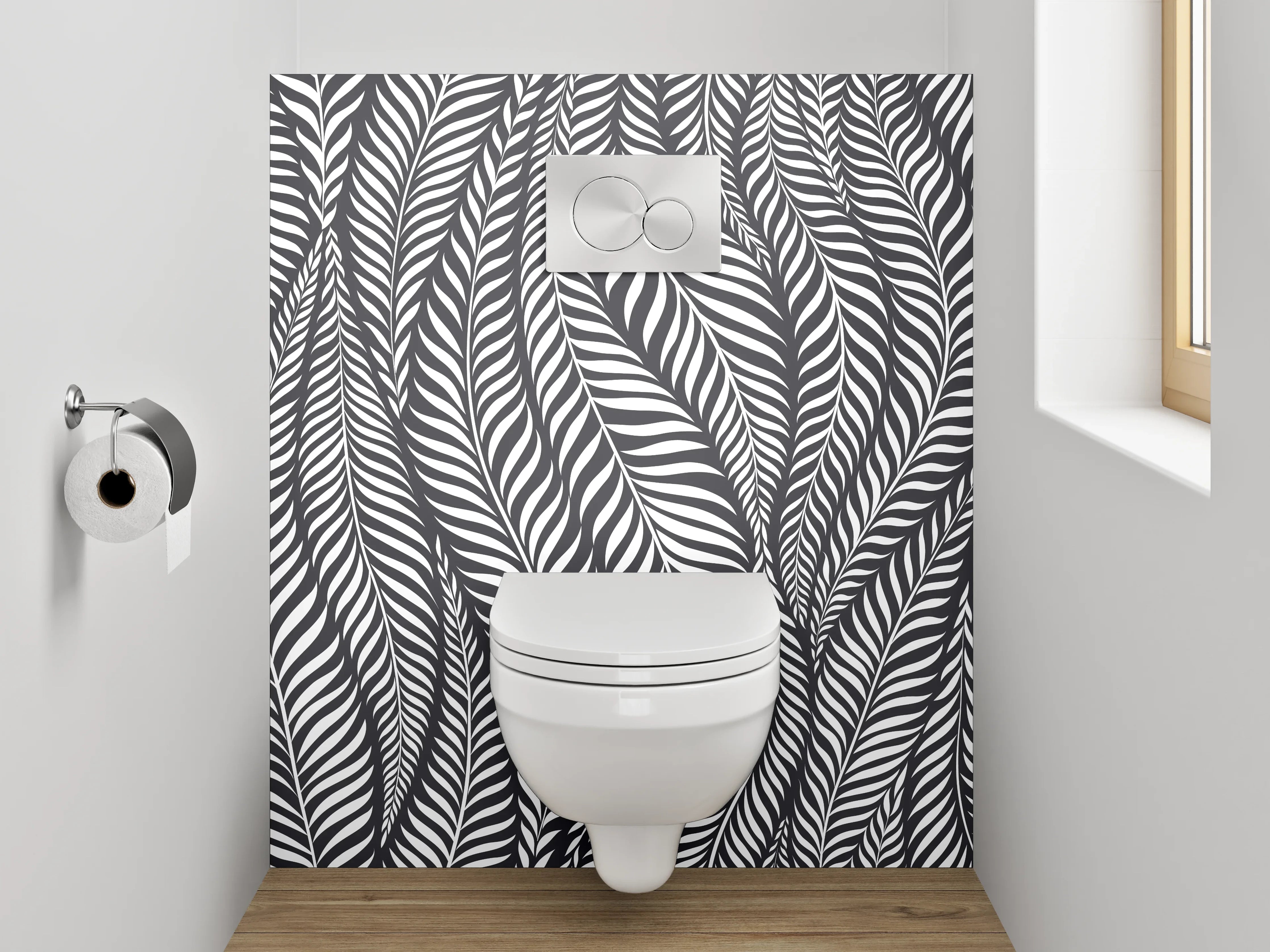 WC-Rückwand - Schwarz-weißes Blätter-Muster modern
