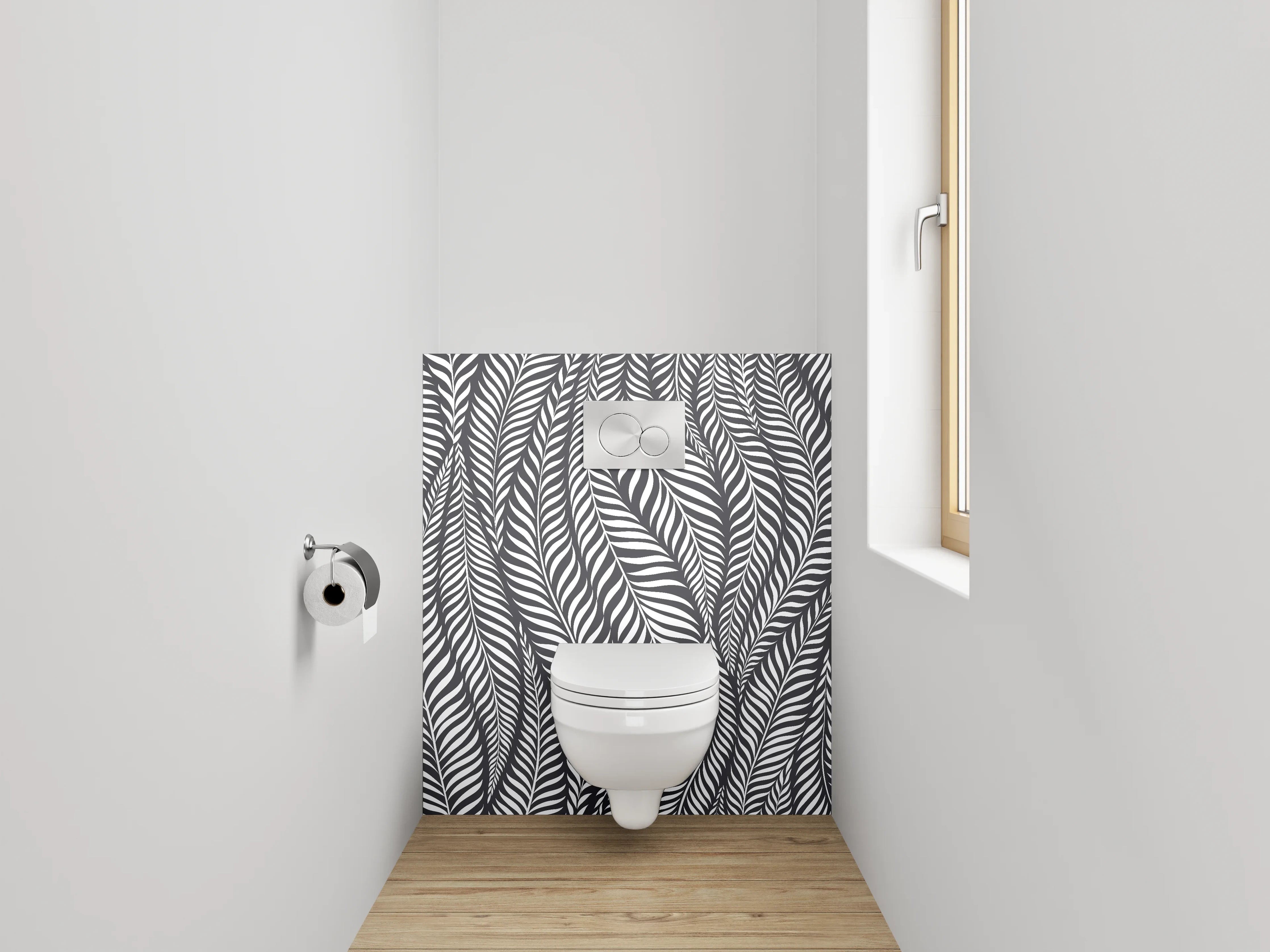 WC-Rückwand - Schwarz-weißes Blätter-Muster modern