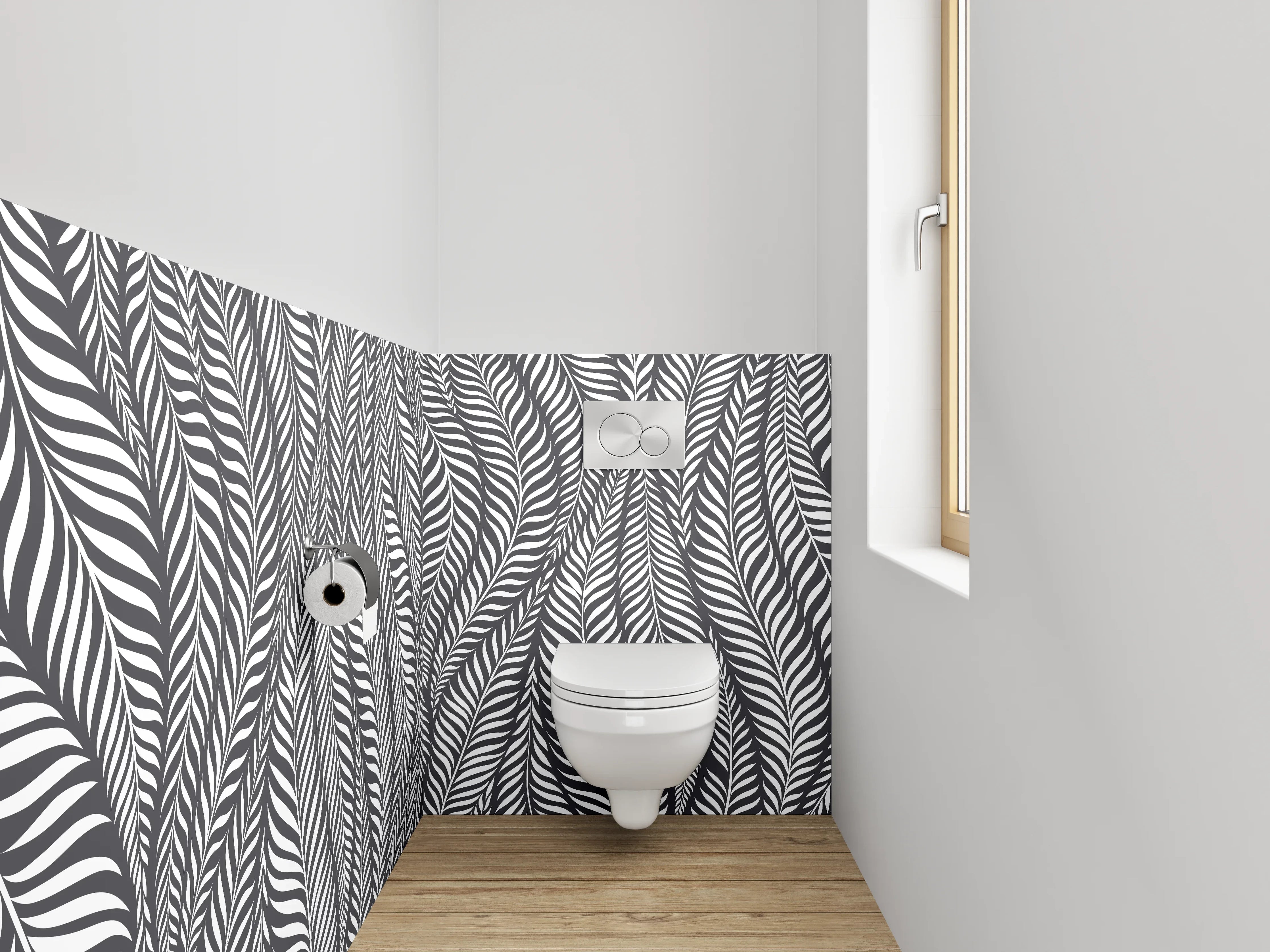 WC-Rückwand - Schwarz-weißes Blätter-Muster modern