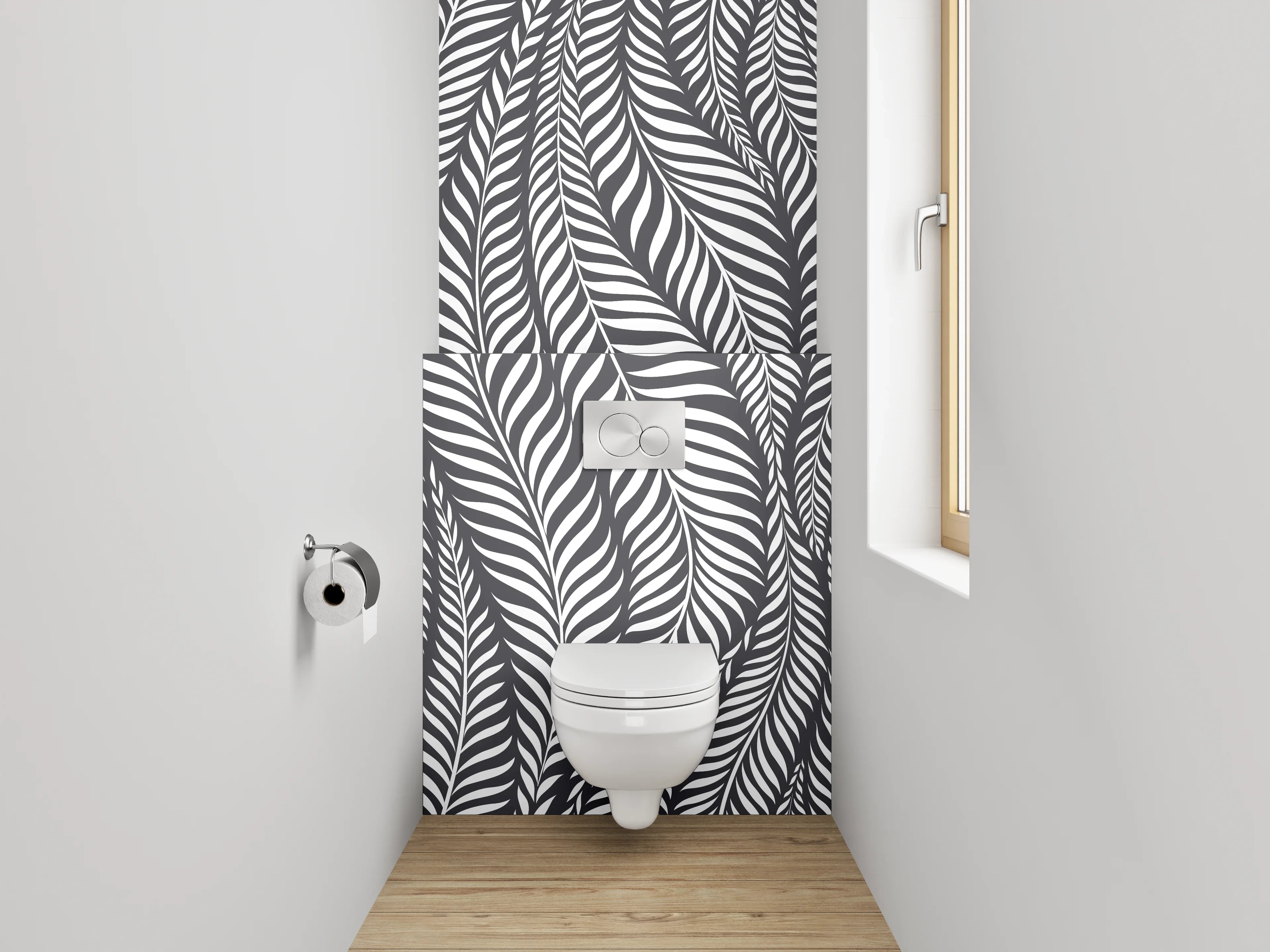 WC-Rückwand - Schwarz-weißes Blätter-Muster modern