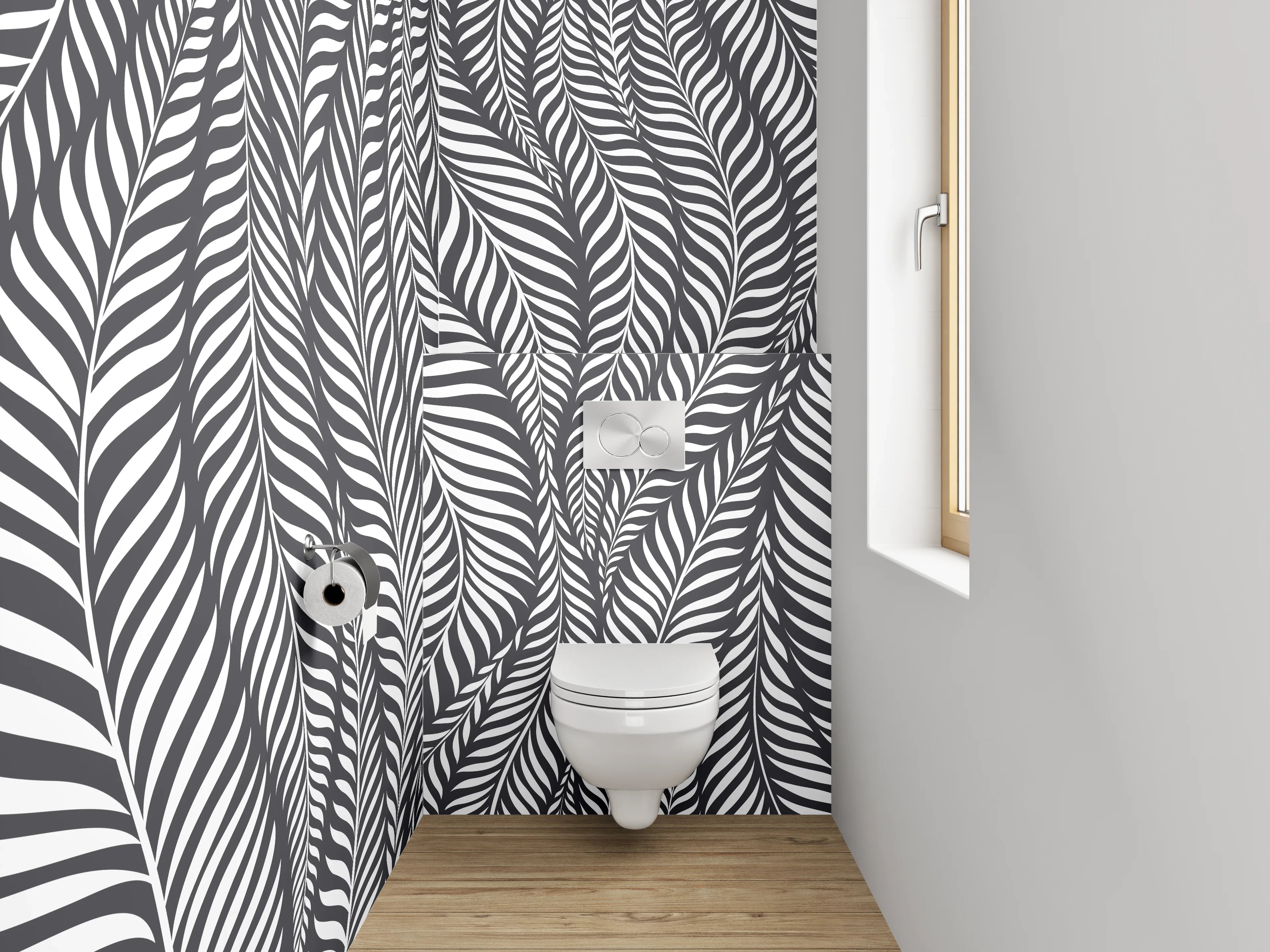WC-Rückwand - Schwarz-weißes Blätter-Muster modern