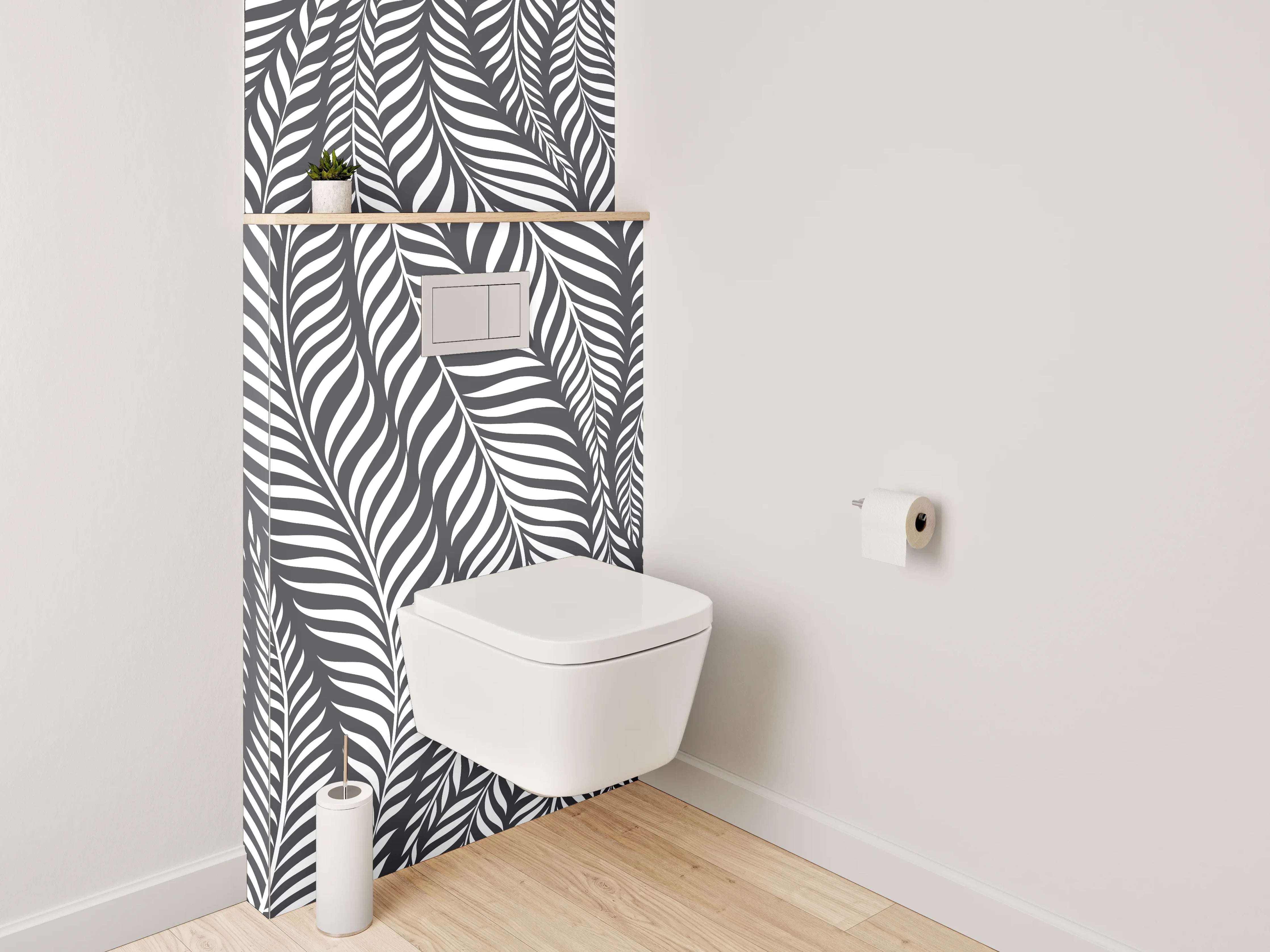 WC-Rückwand - Schwarz-weißes Blätter-Muster modern