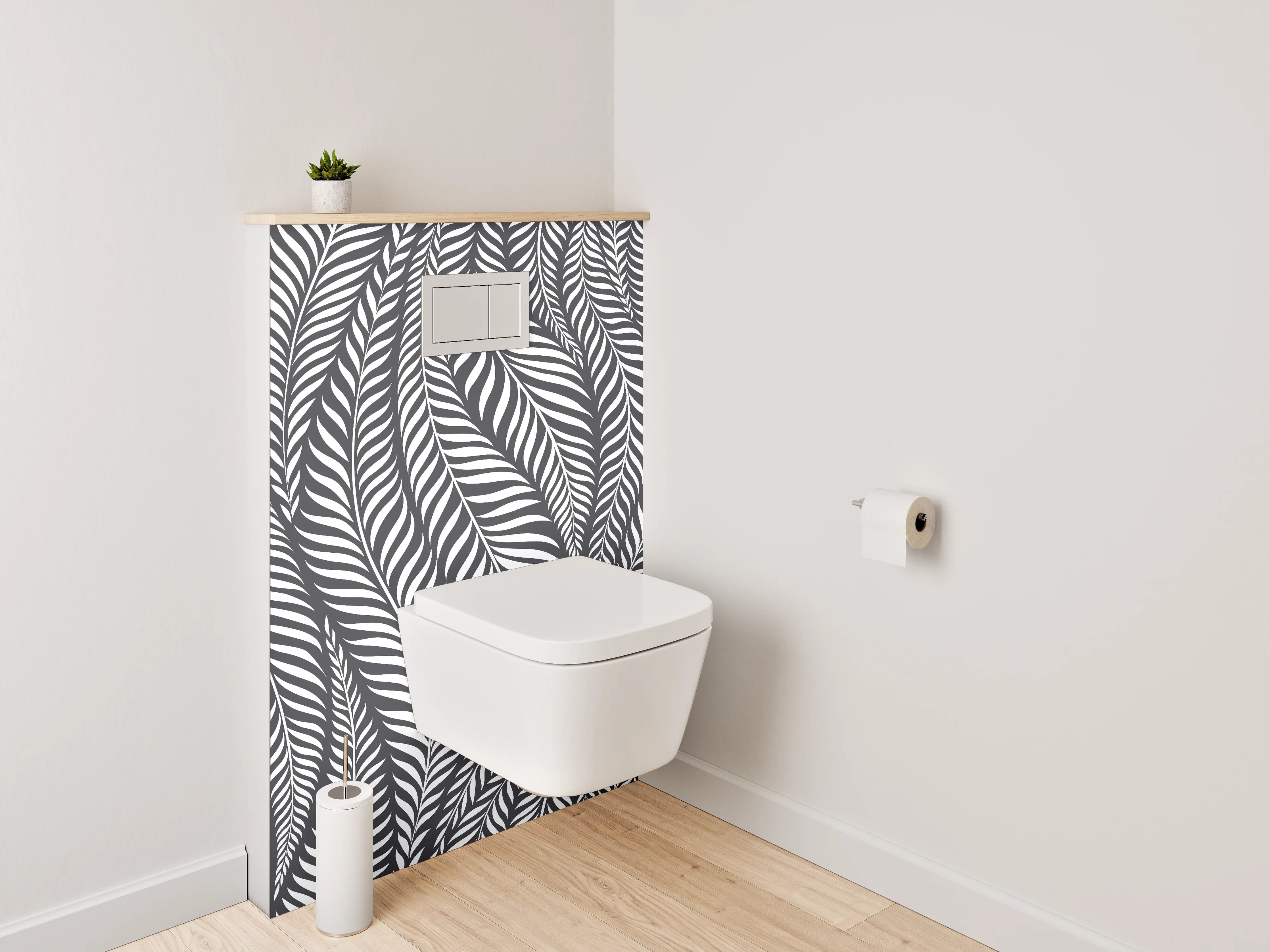 WC-Rückwand - Schwarz-weißes Blätter-Muster modern