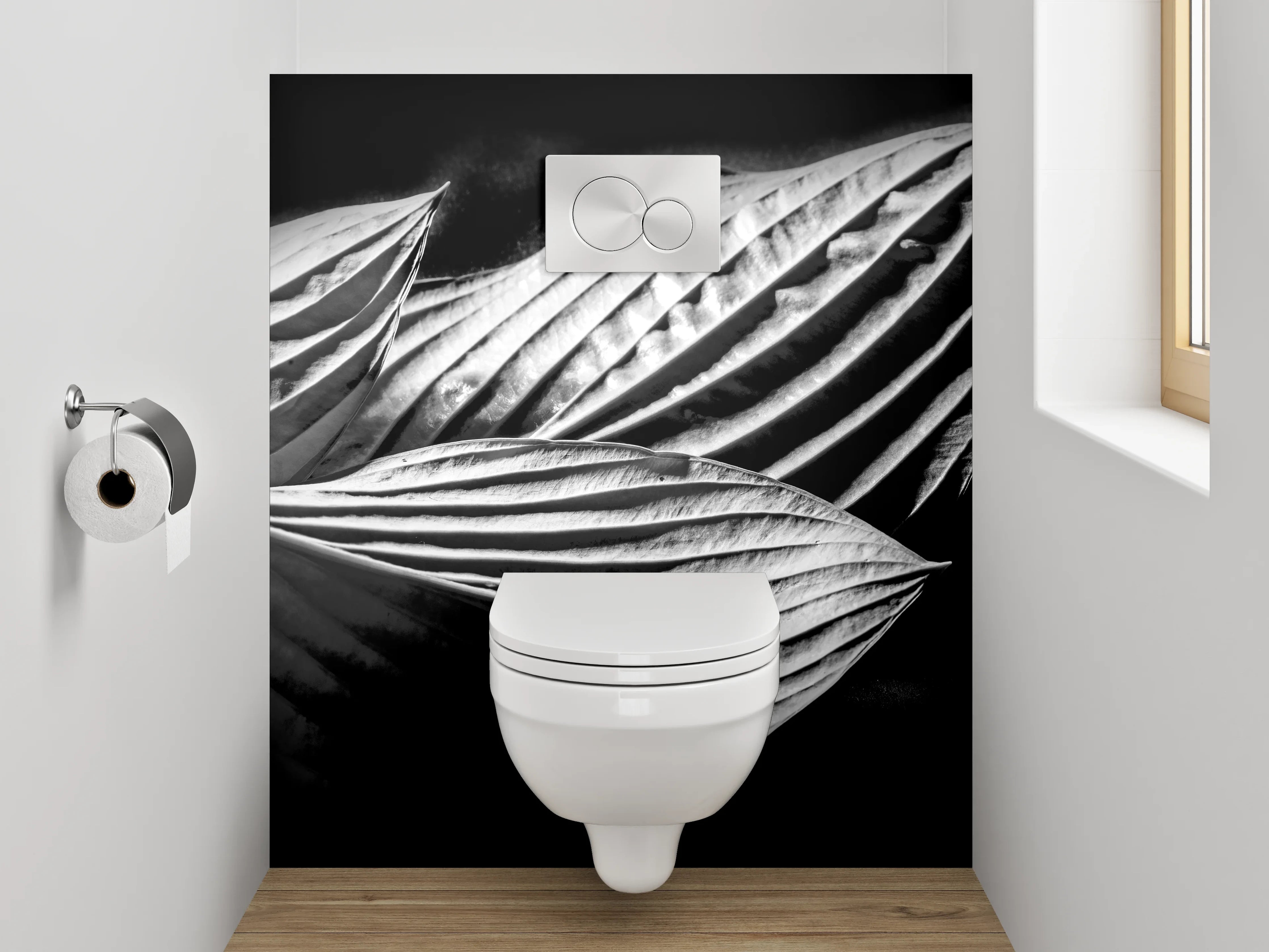 WC-Rückwand - Schwarz-weißes Blattmuster Fotokunst
