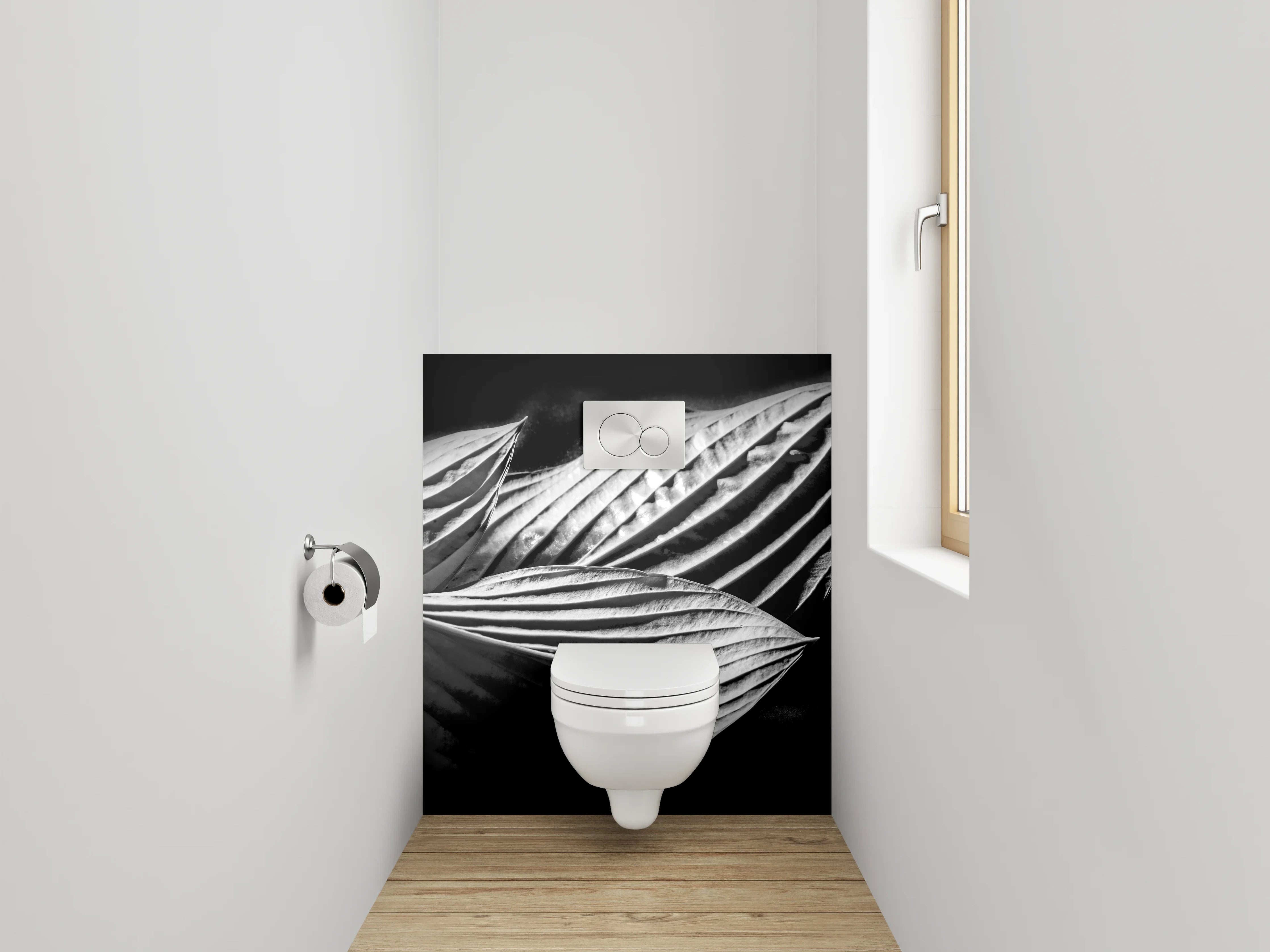 WC-Rückwand - Schwarz-weißes Blattmuster Fotokunst