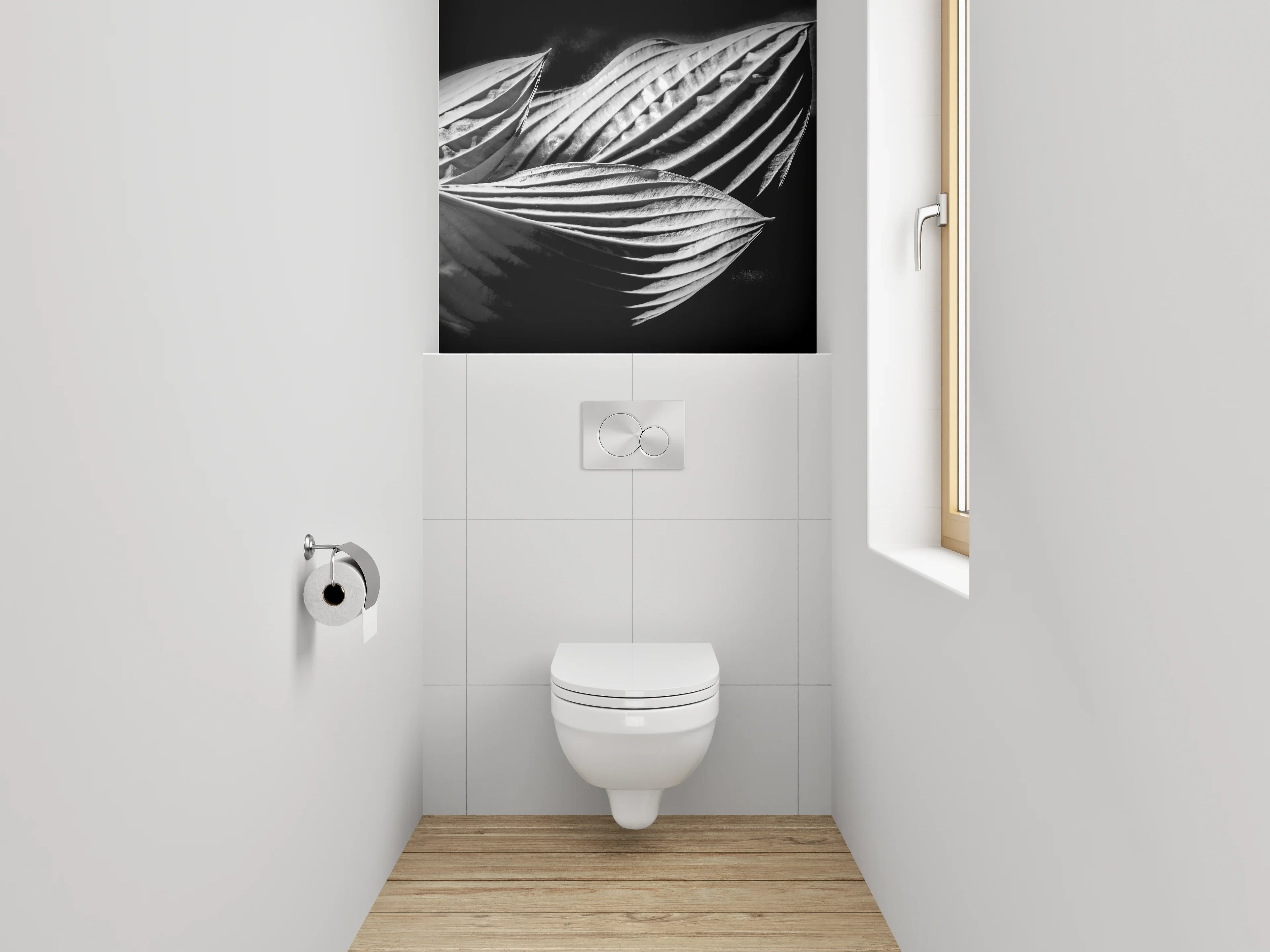 WC-Rückwand - Schwarz-weißes Blattmuster Fotokunst