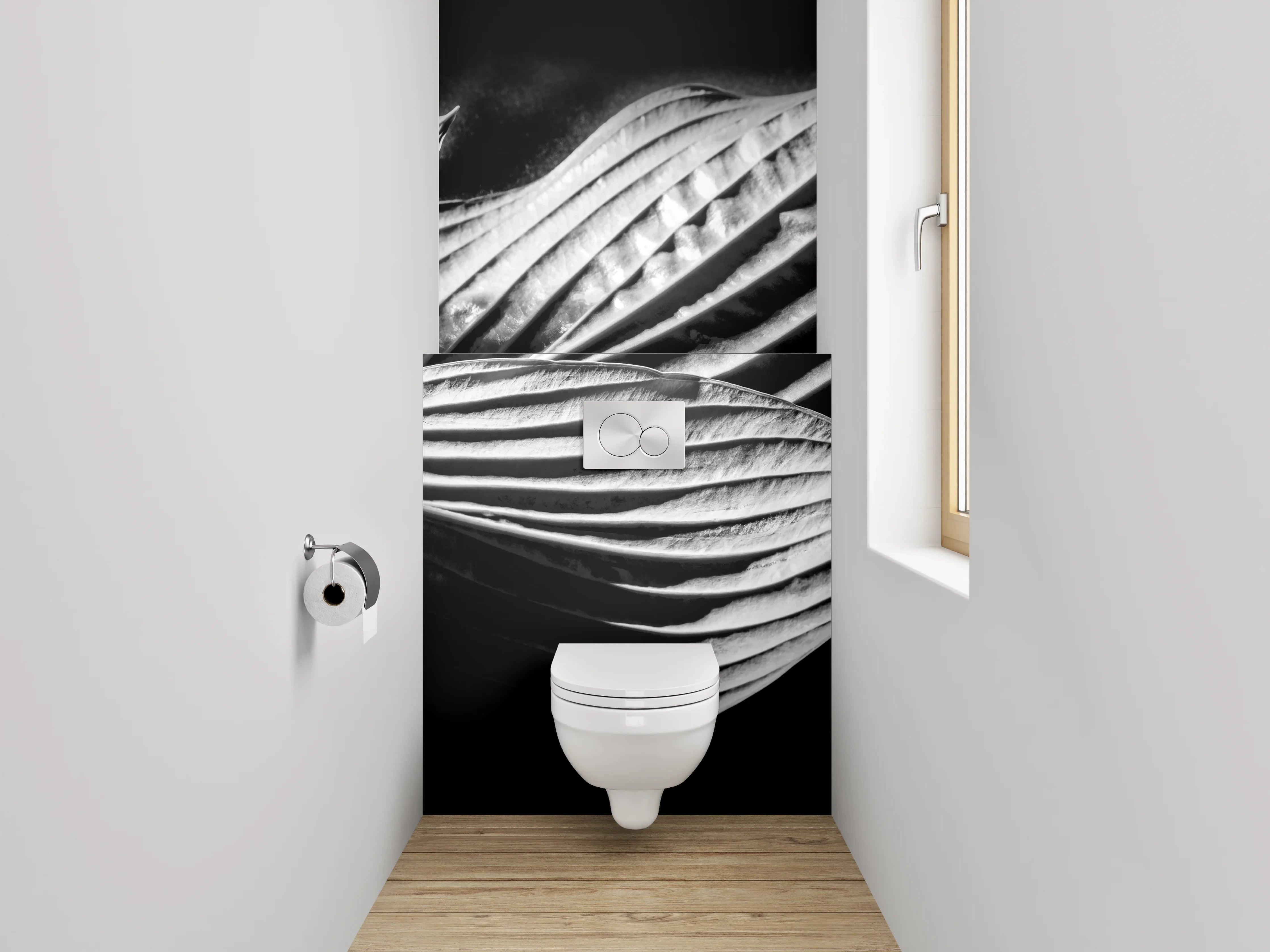 WC-Rückwand - Schwarz-weißes Blattmuster Fotokunst