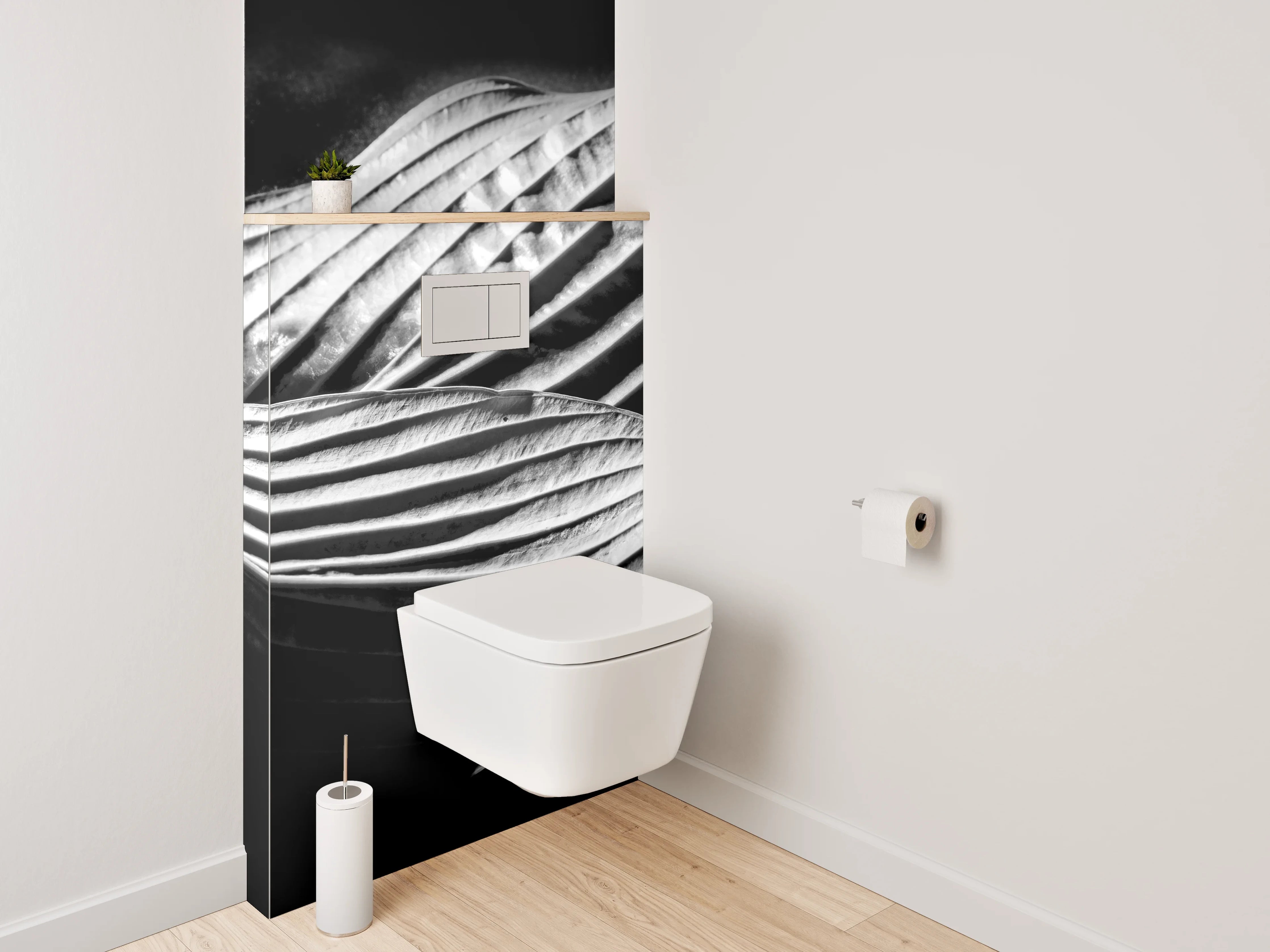 WC-Rückwand - Schwarz-weißes Blattmuster Fotokunst