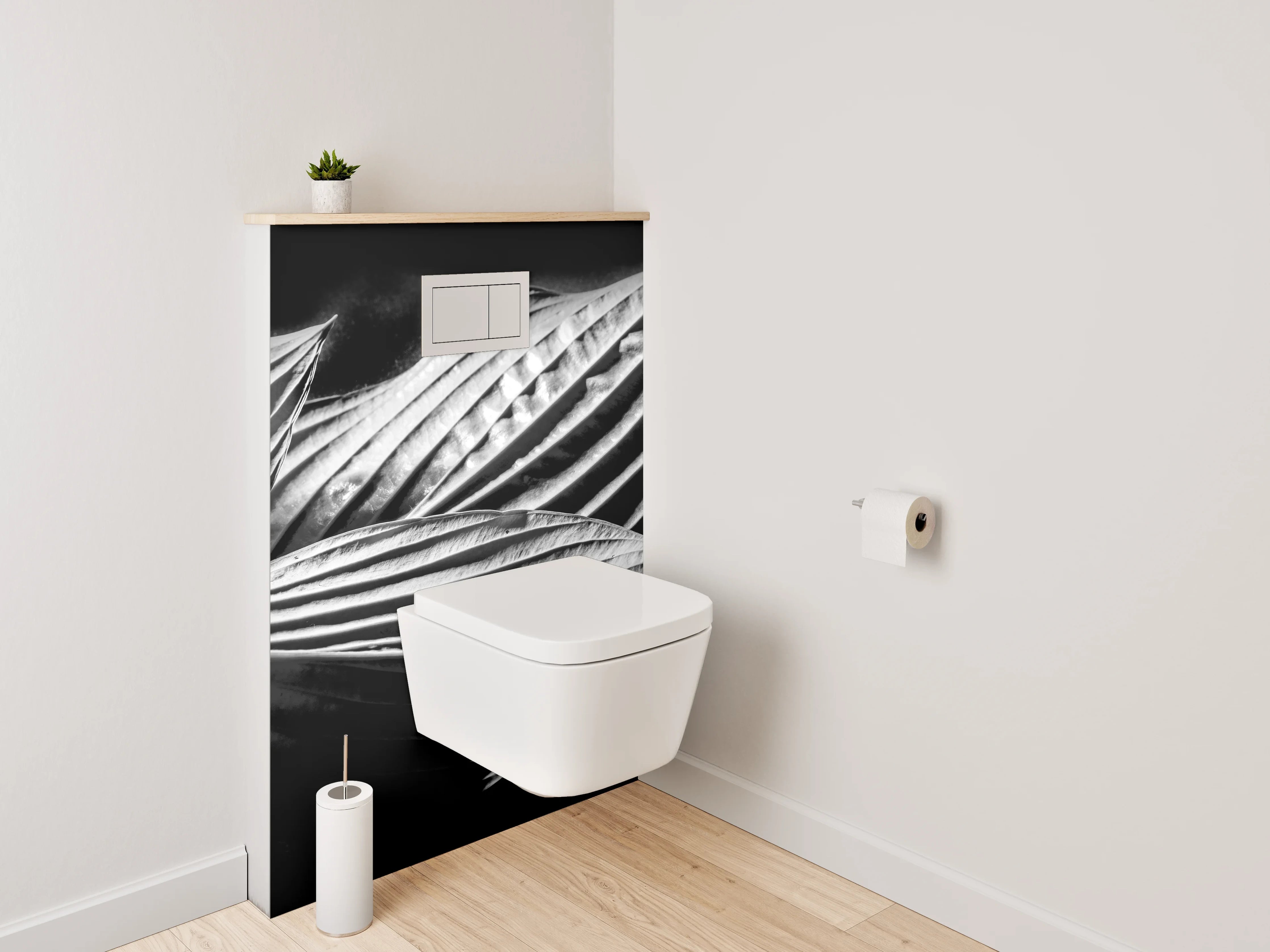 WC-Rückwand - Schwarz-weißes Blattmuster Fotokunst
