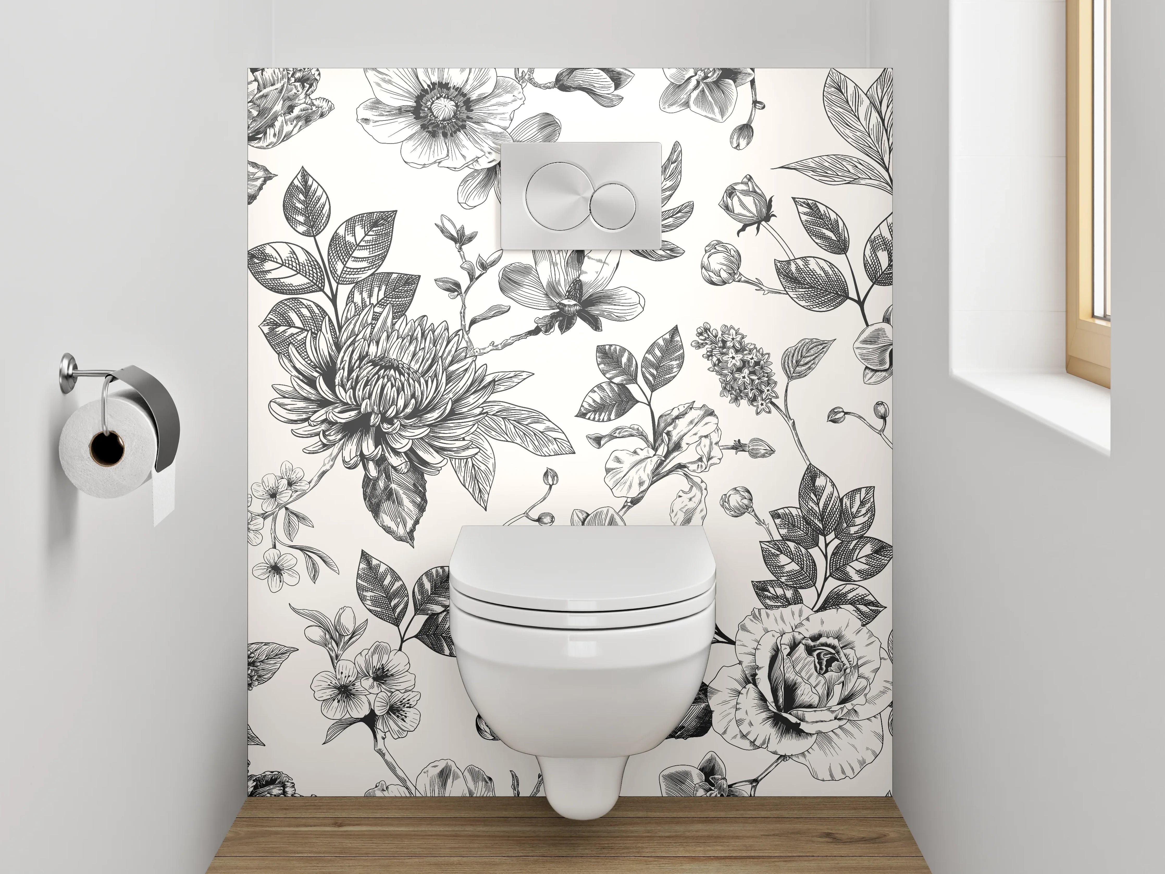WC-Rückwand - Schwarz-weißes Blumenmuster Vintage Elegant