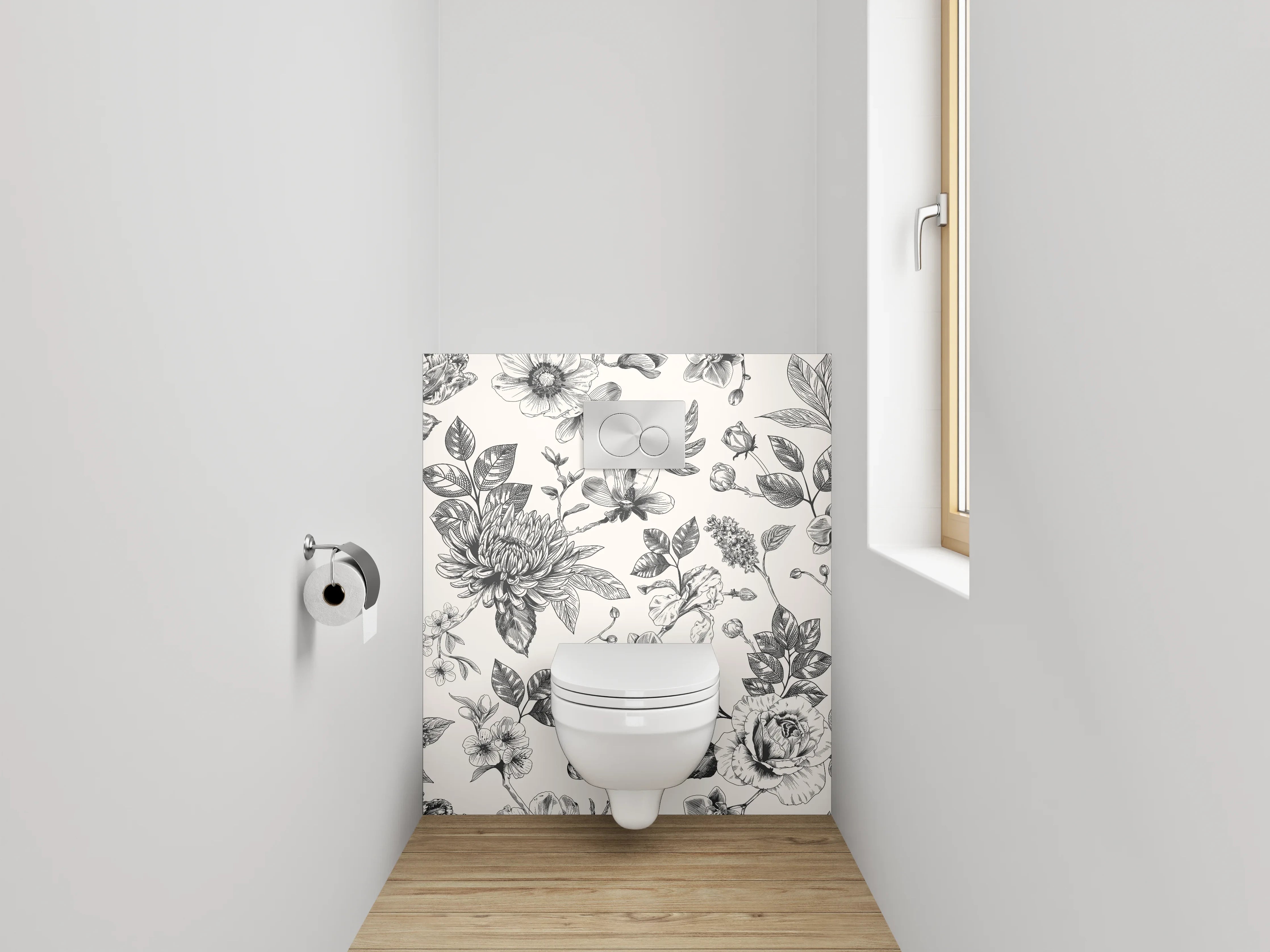 WC-Rückwand - Schwarz-weißes Blumenmuster Vintage Elegant