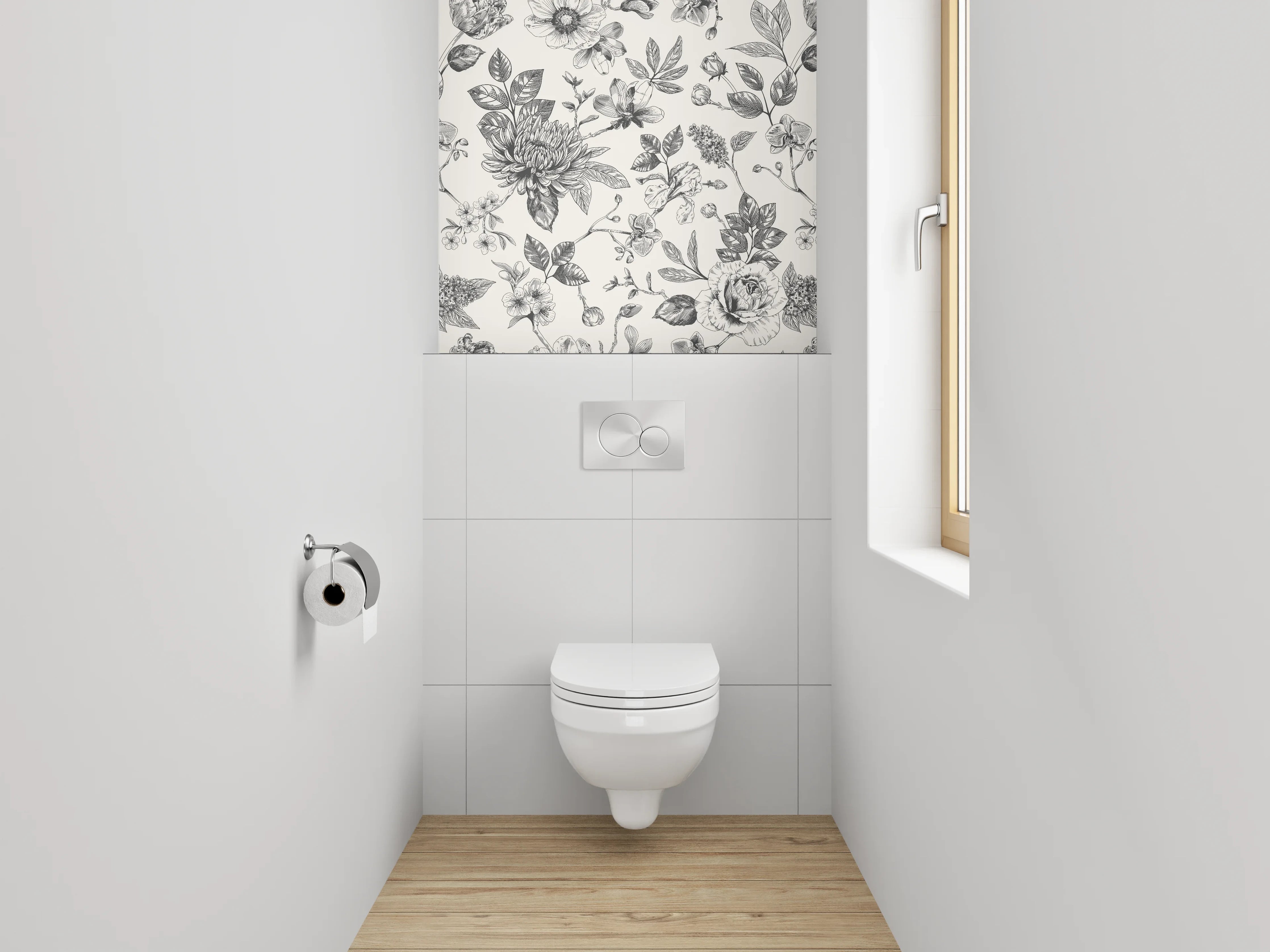 WC-Rückwand - Schwarz-weißes Blumenmuster Vintage Elegant