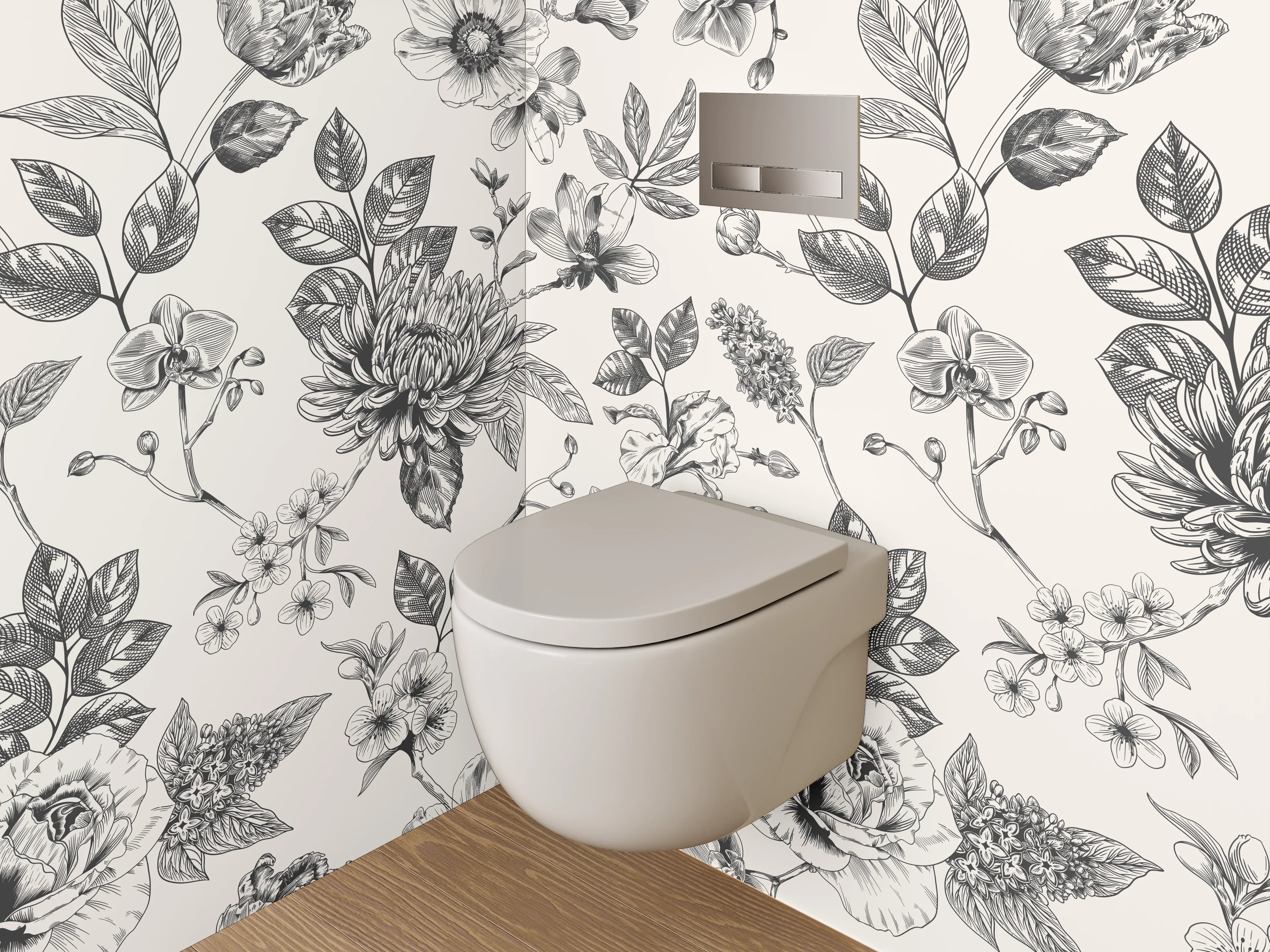 WC-Rückwand - Schwarz-weißes Blumenmuster Vintage Elegant