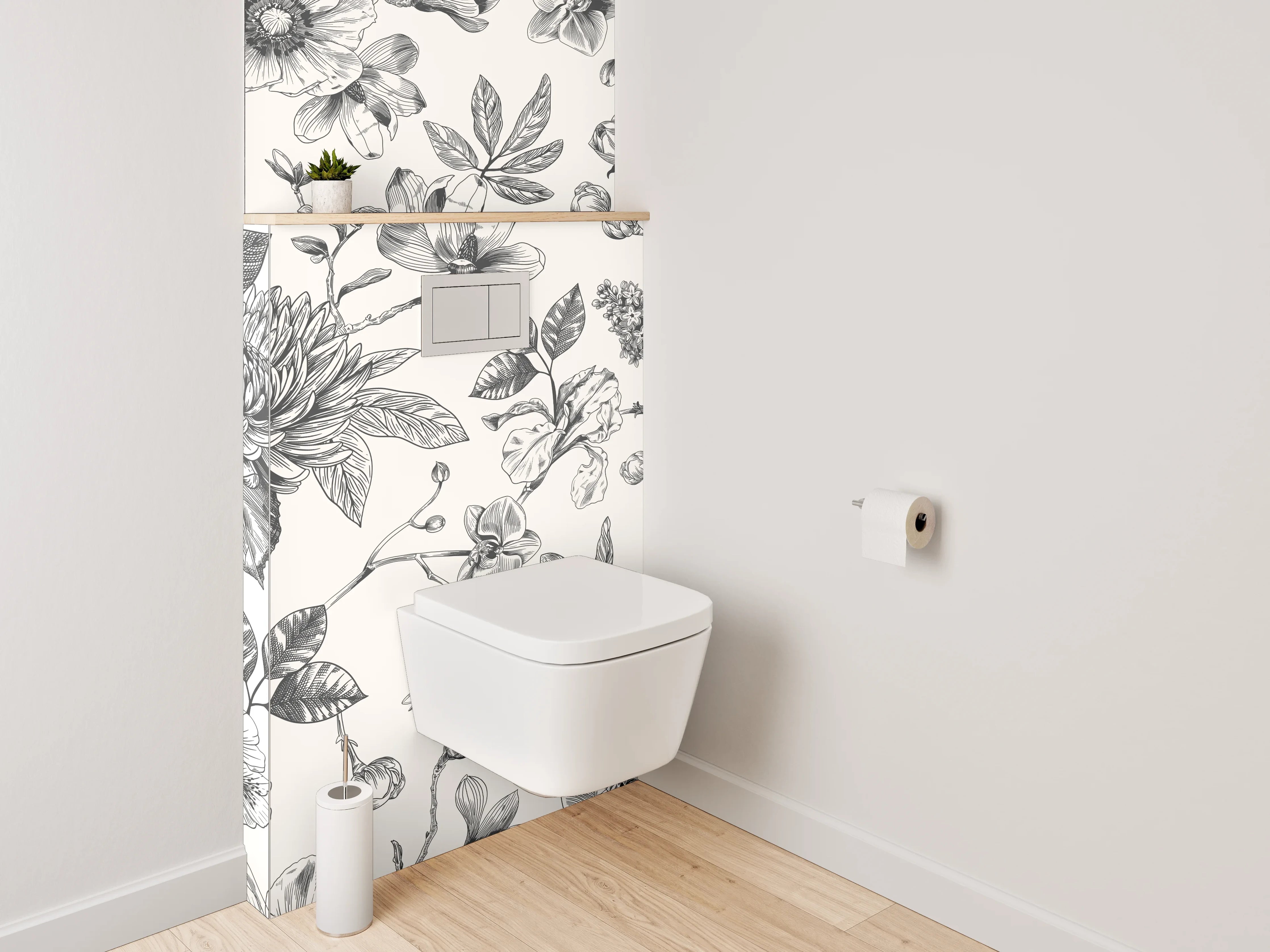 WC-Rückwand - Schwarz-weißes Blumenmuster Vintage Elegant