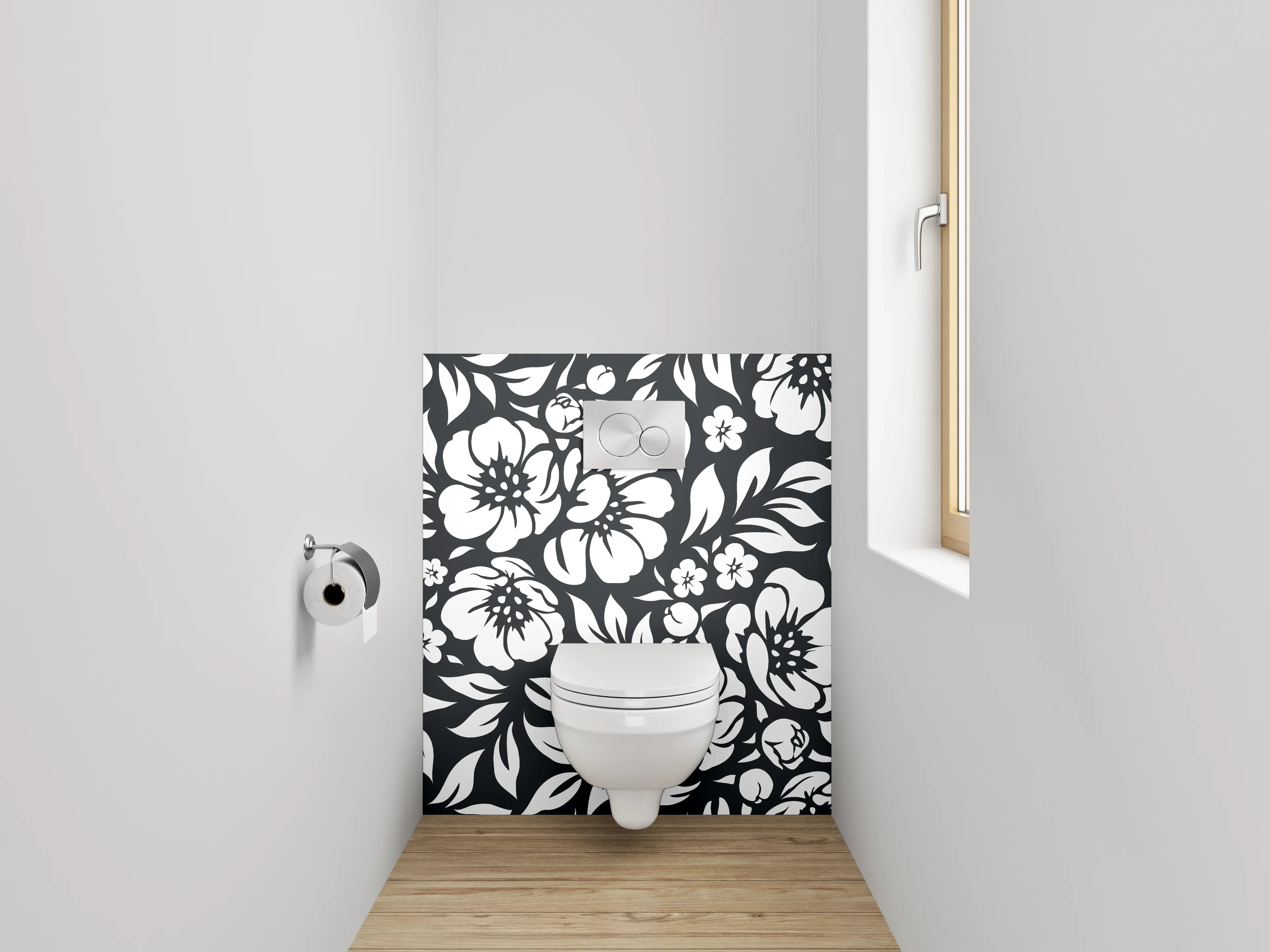 WC-Rückwand - Schwarz-weißes Blumenmuster modern