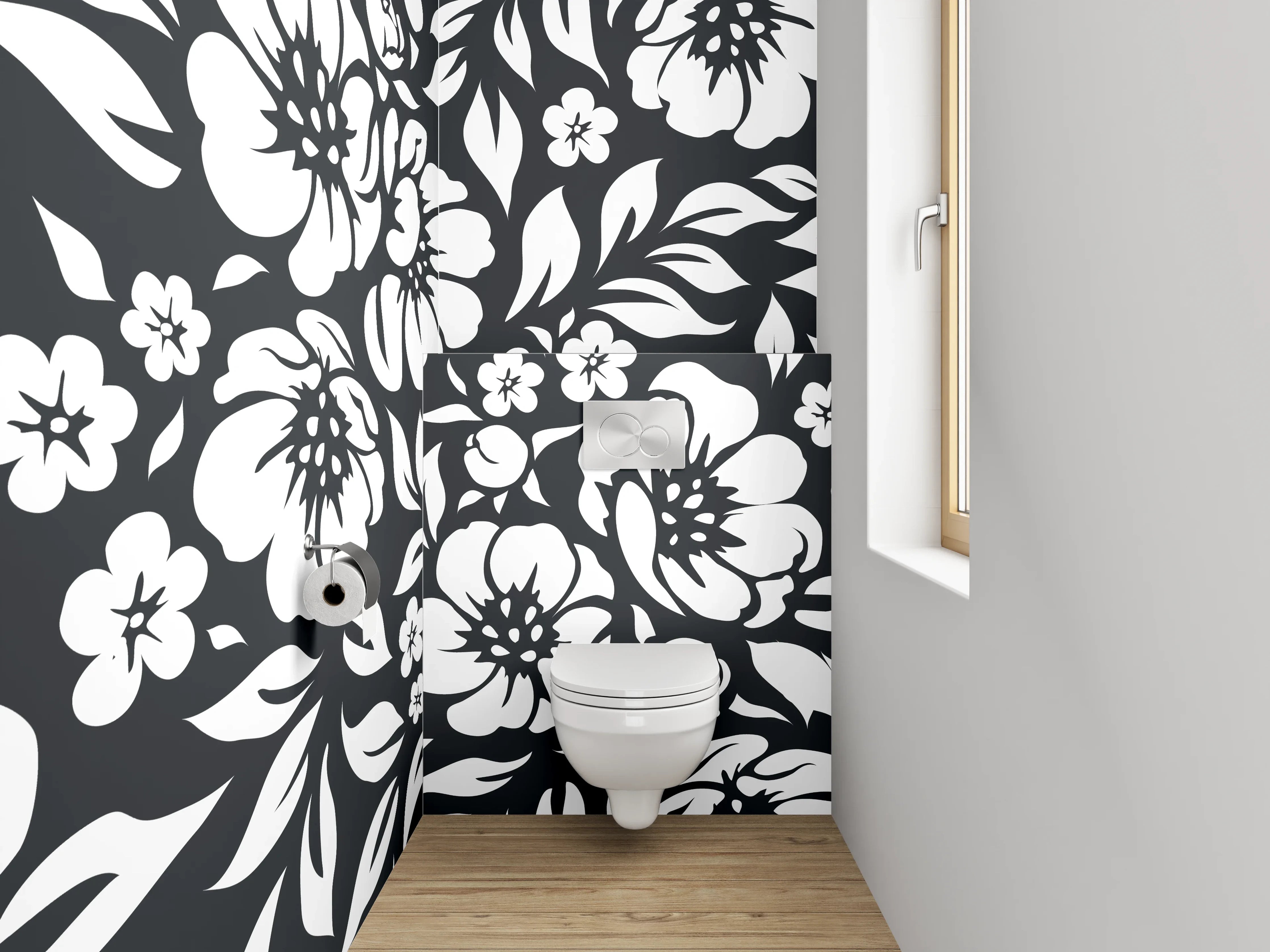 WC-Rückwand - Schwarz-weißes Blumenmuster modern