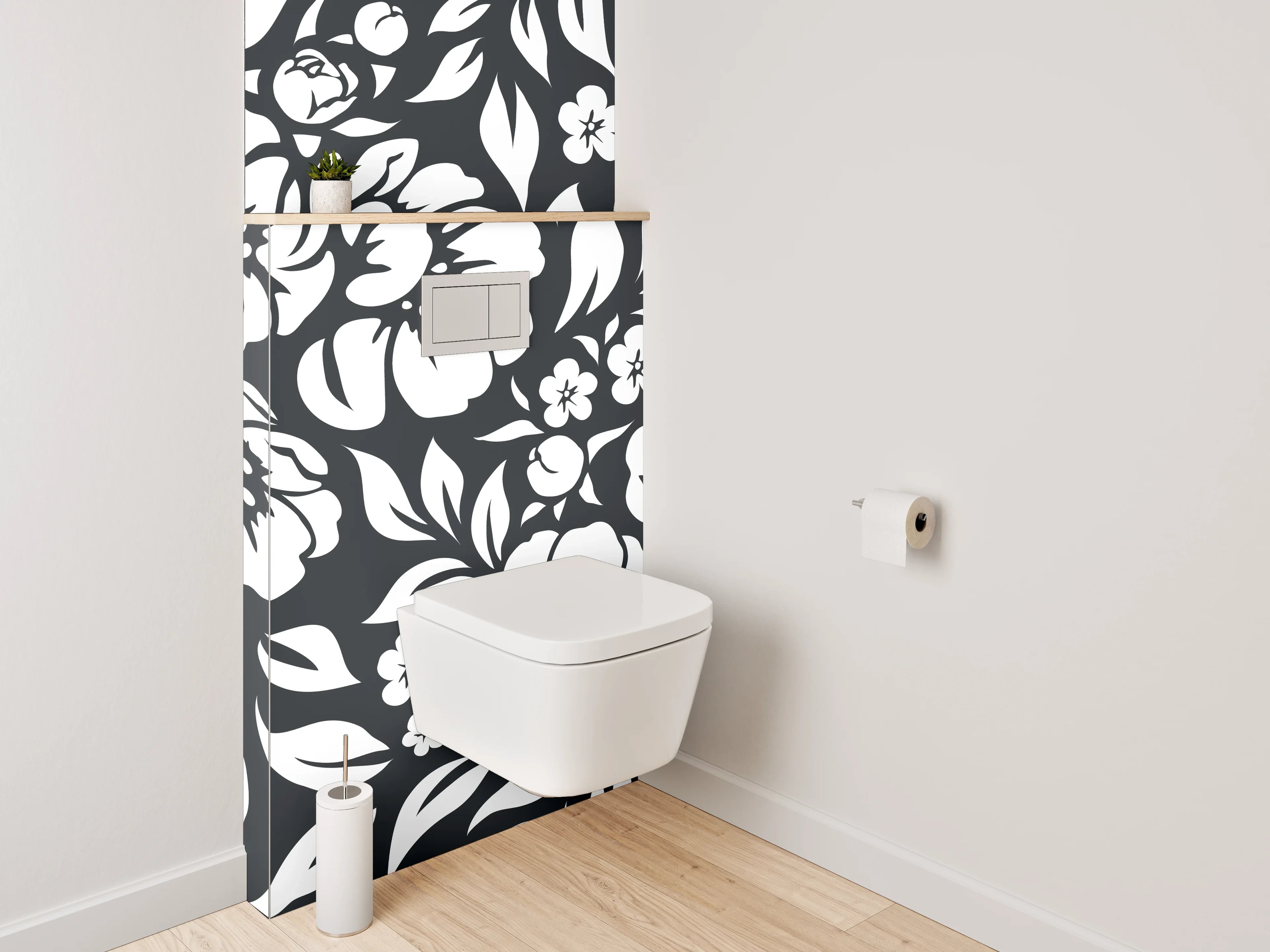 WC-Rückwand - Schwarz-weißes Blumenmuster modern