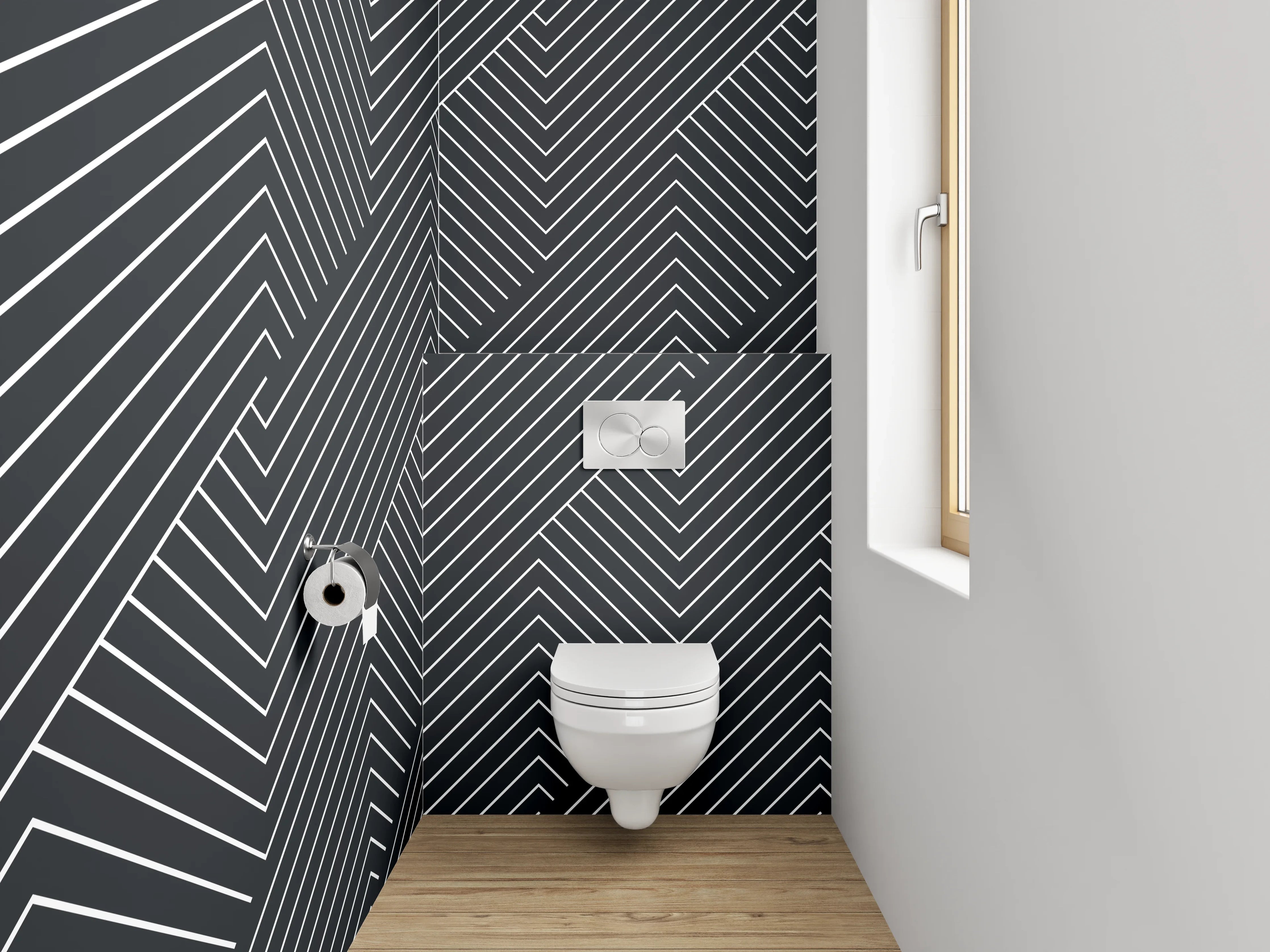 WC-Rückwand - Schwarz-weißes Linienmuster modern
