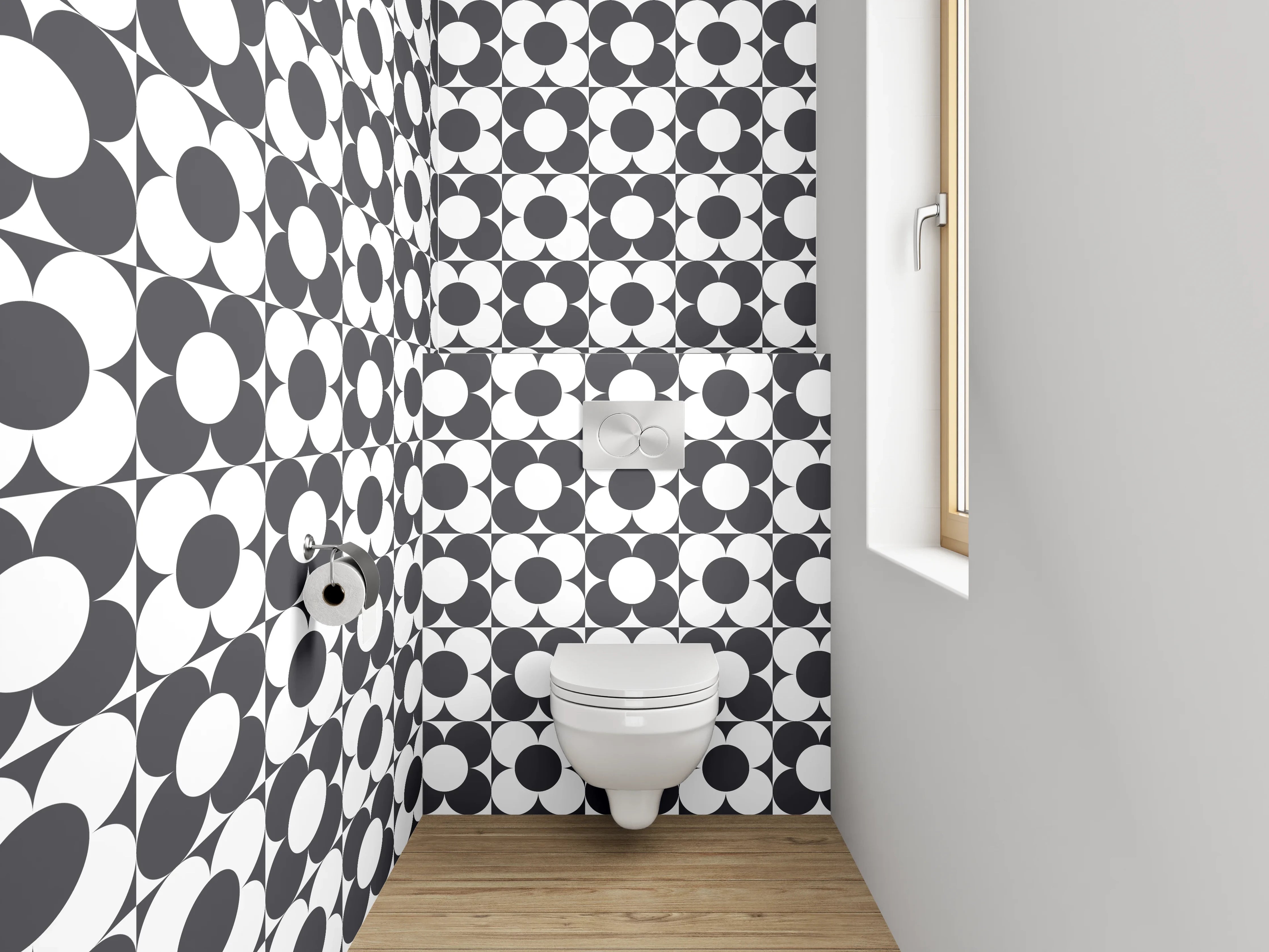 WC-Rückwand - Schwarz-weißes Retro-Muster Fliesenoptik