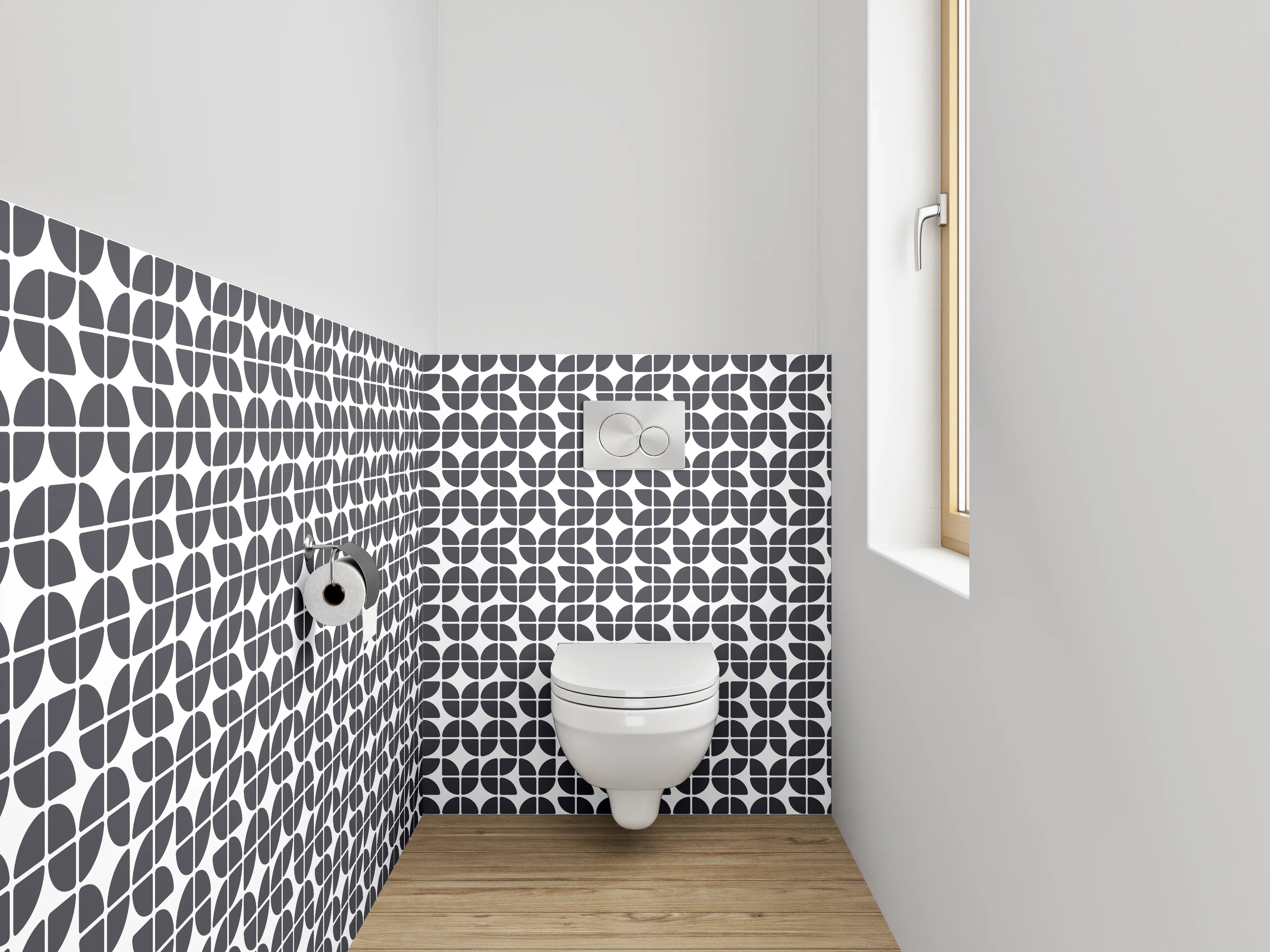 WC-Rückwand - Schwarz-weißes abstraktes Kachelmuster