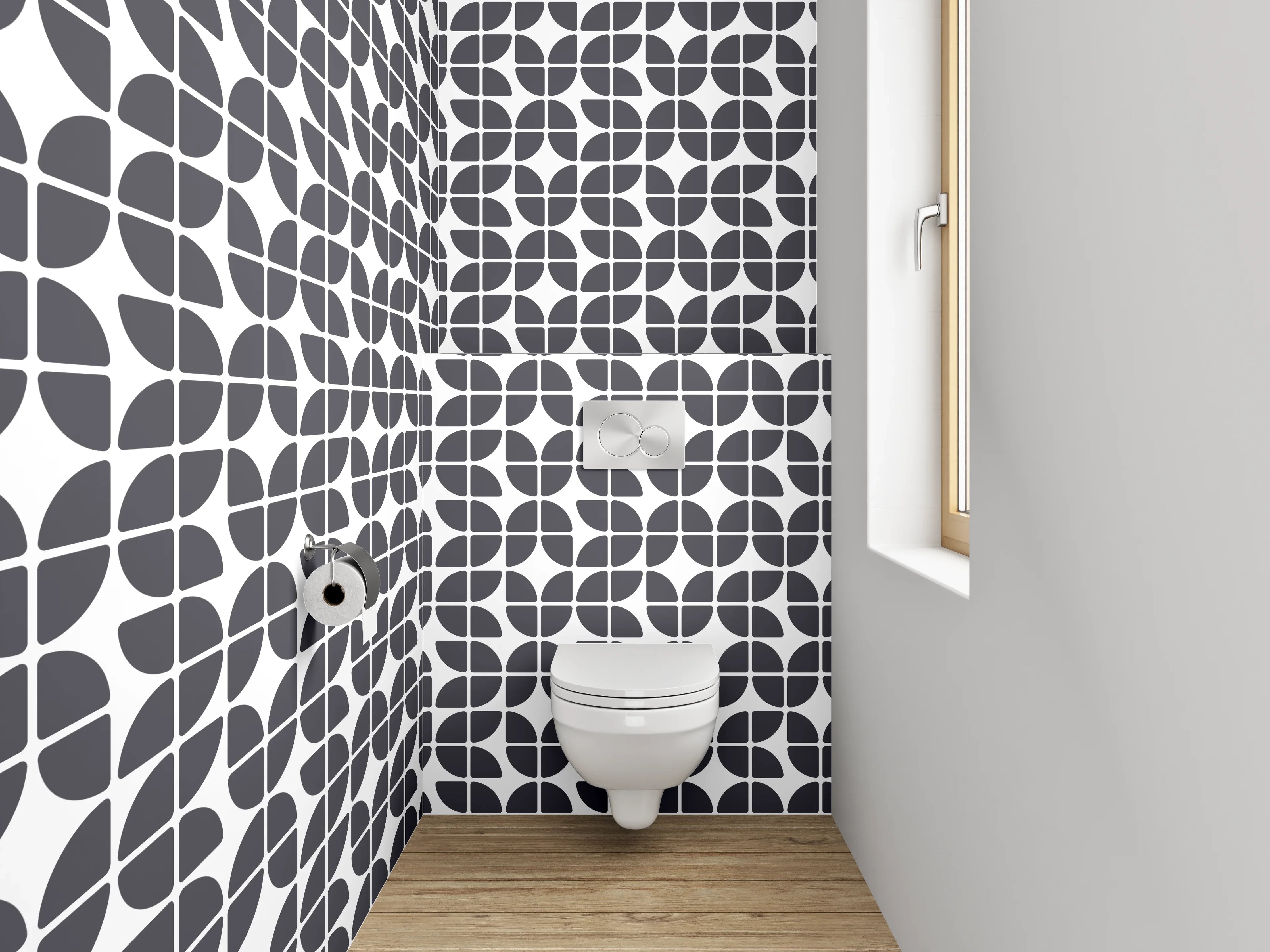 WC-Rückwand - Schwarz-weißes abstraktes Kachelmuster