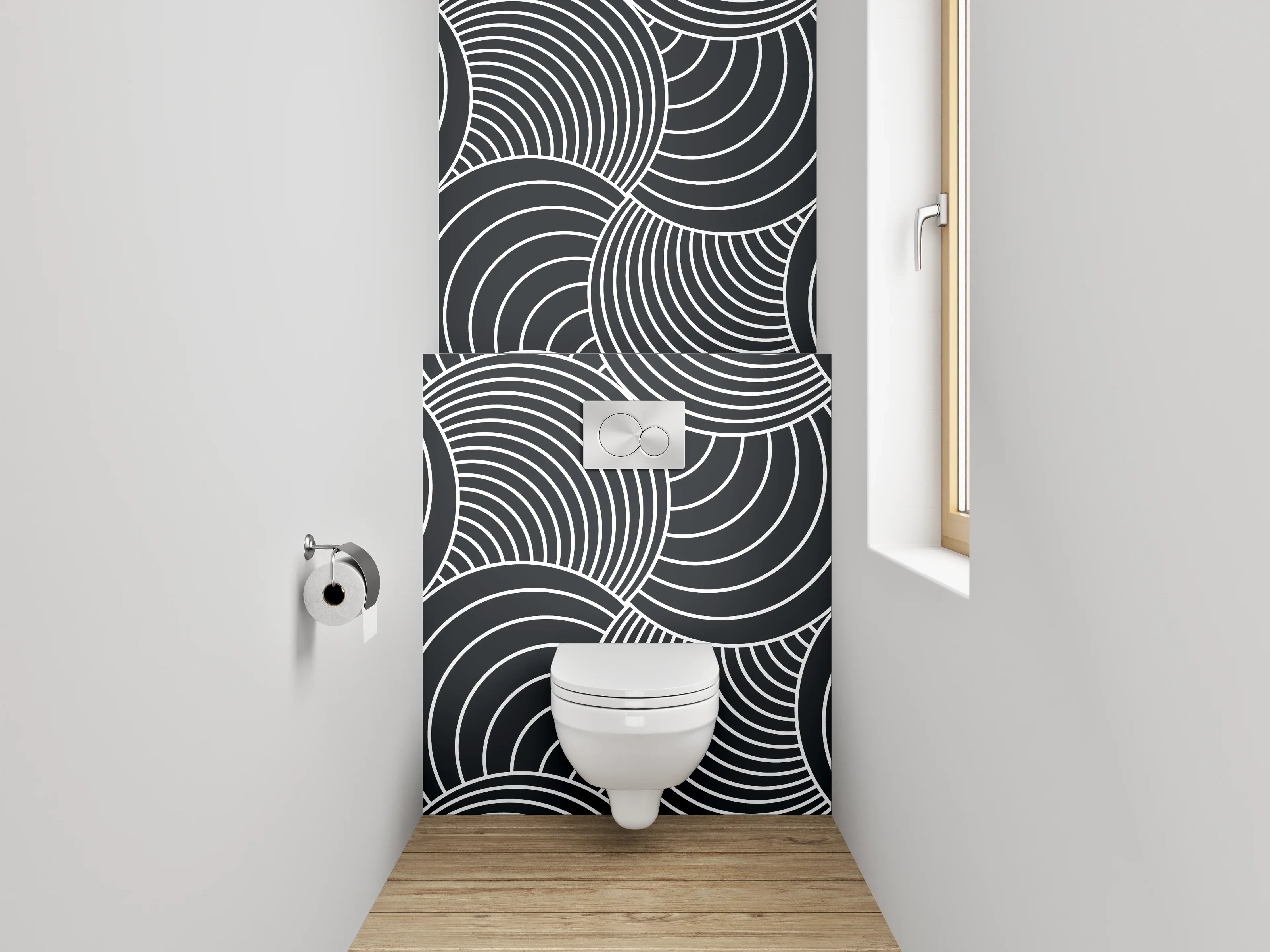 WC-Rückwand - Schwarz-weißes geometrisches Wellenmuster