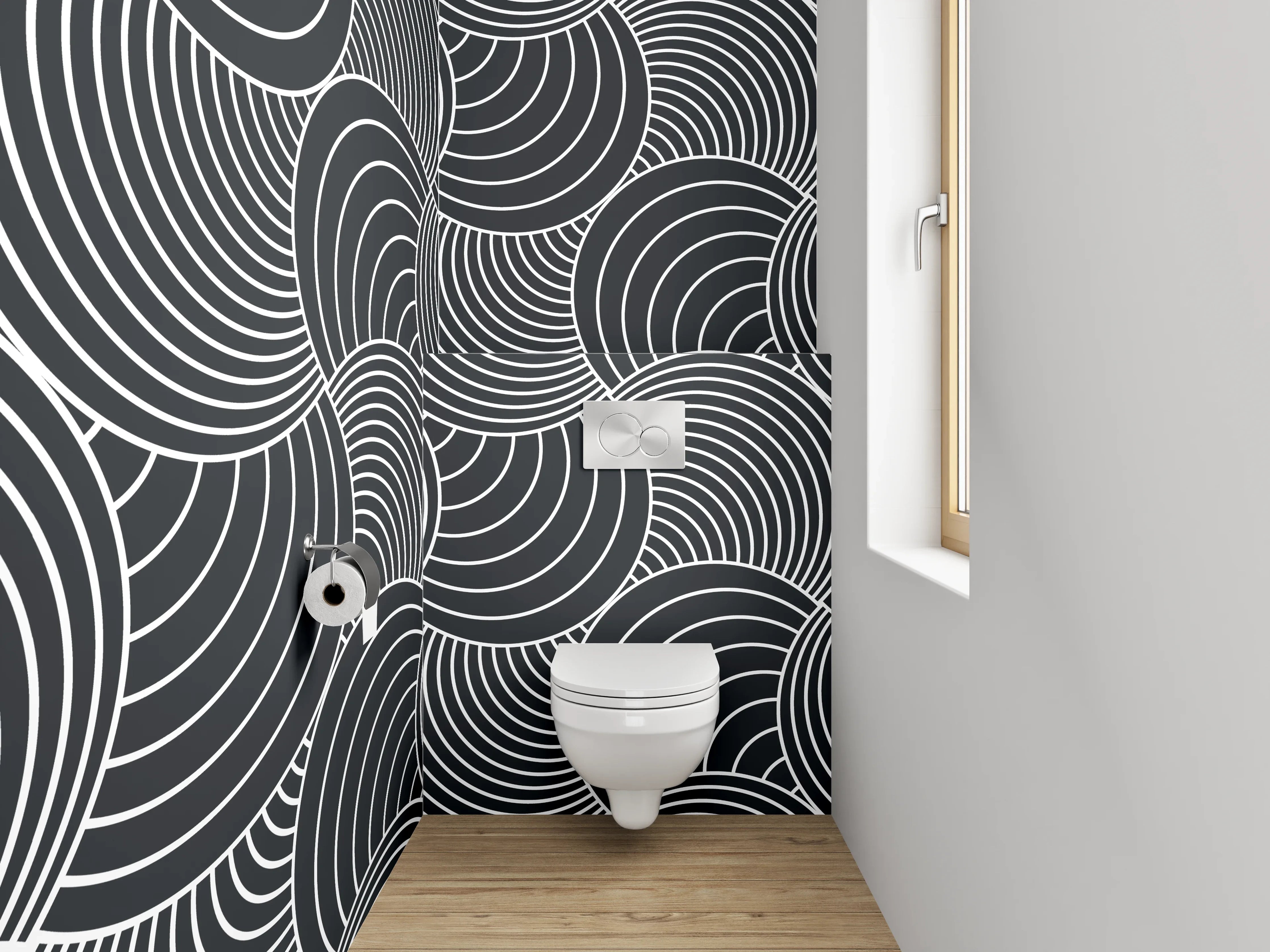 WC-Rückwand - Schwarz-weißes geometrisches Wellenmuster