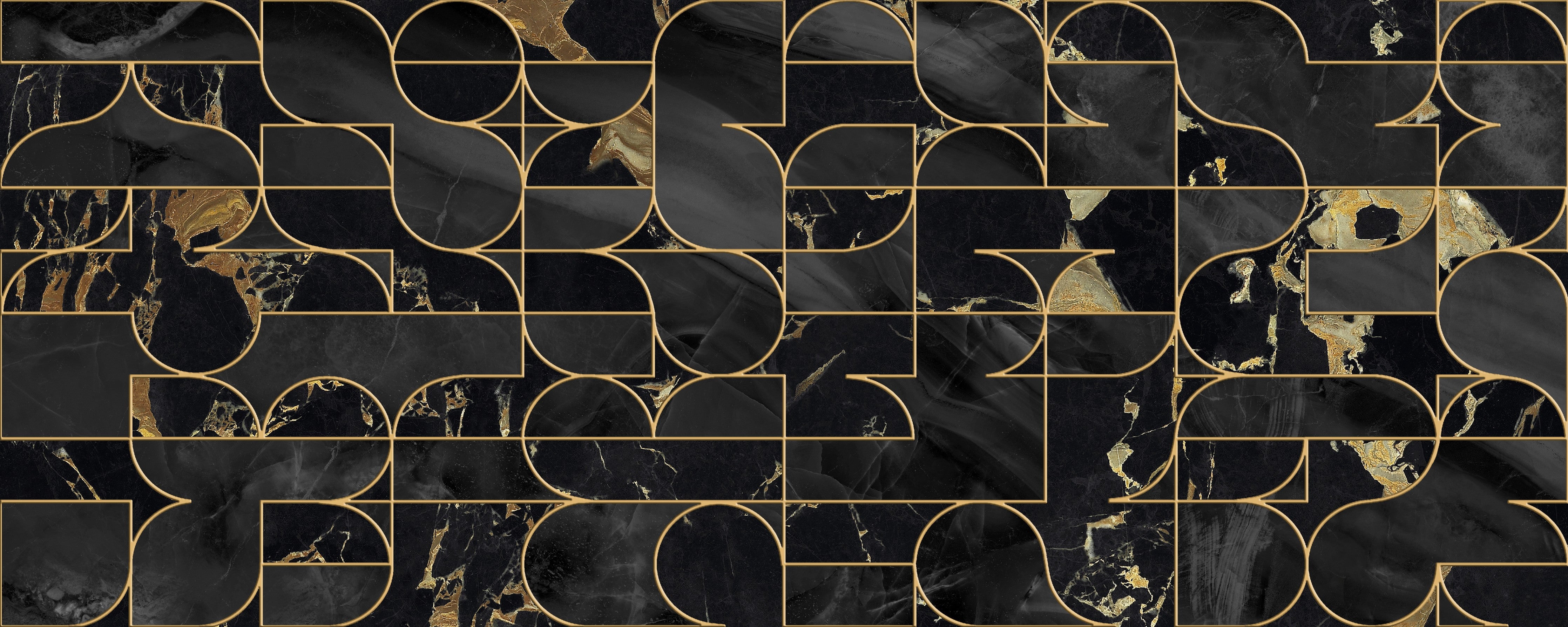 WC-Rückwand-Schwarze Marmor-Gold Geometrie