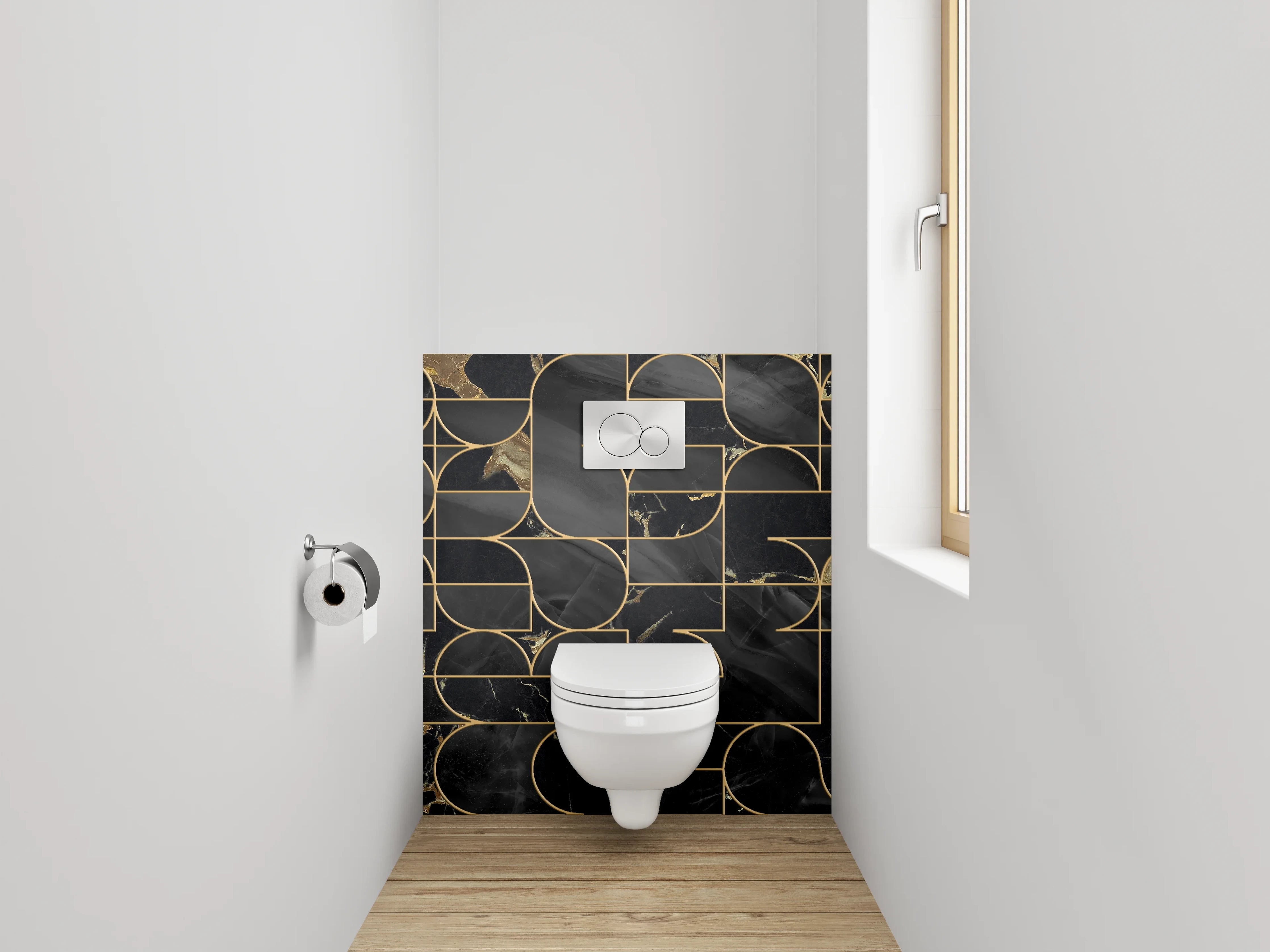 WC-Rückwand - Schwarze Marmor-Gold Geometrie
