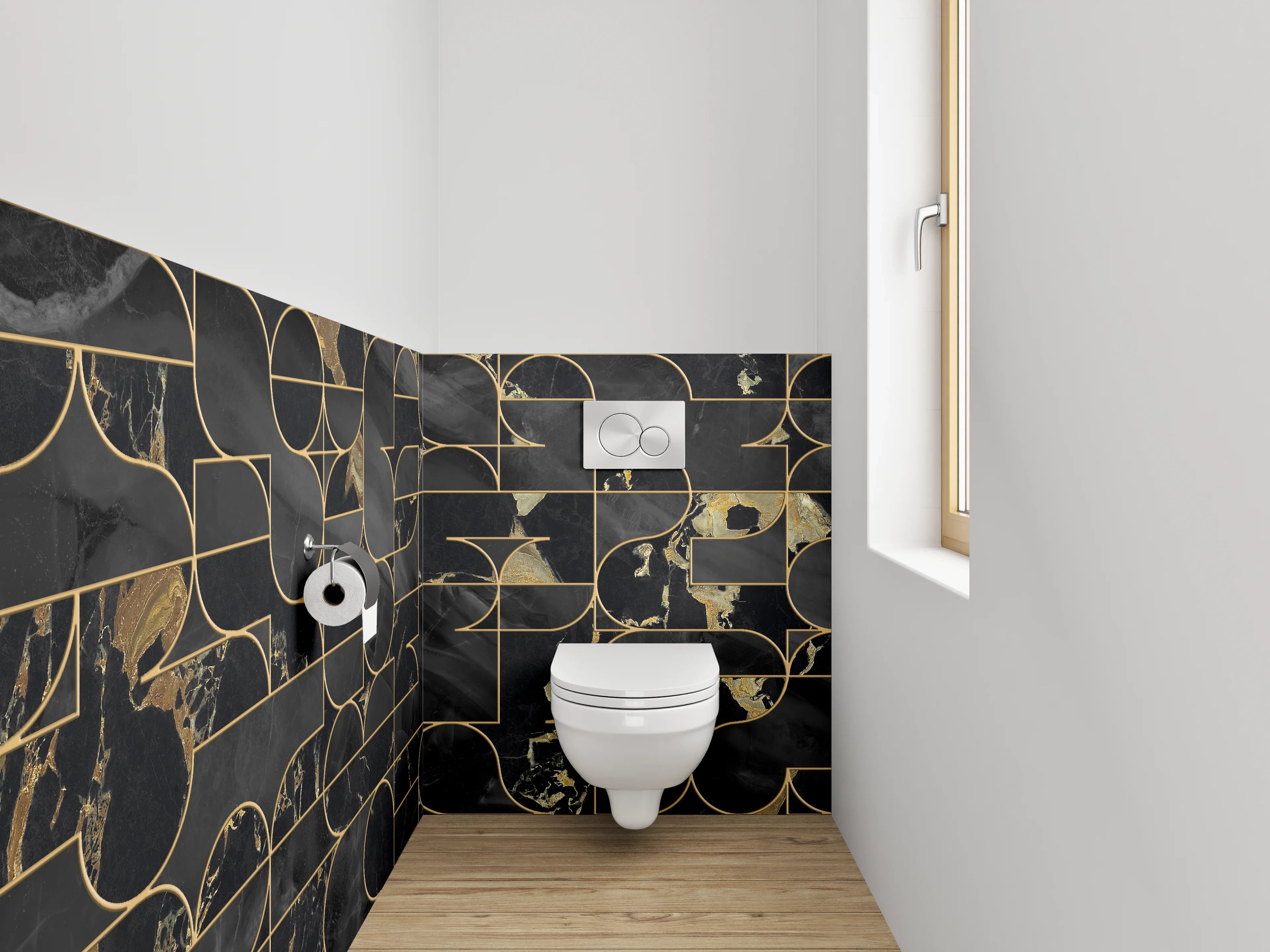 WC-Rückwand - Schwarze Marmor-Gold Geometrie