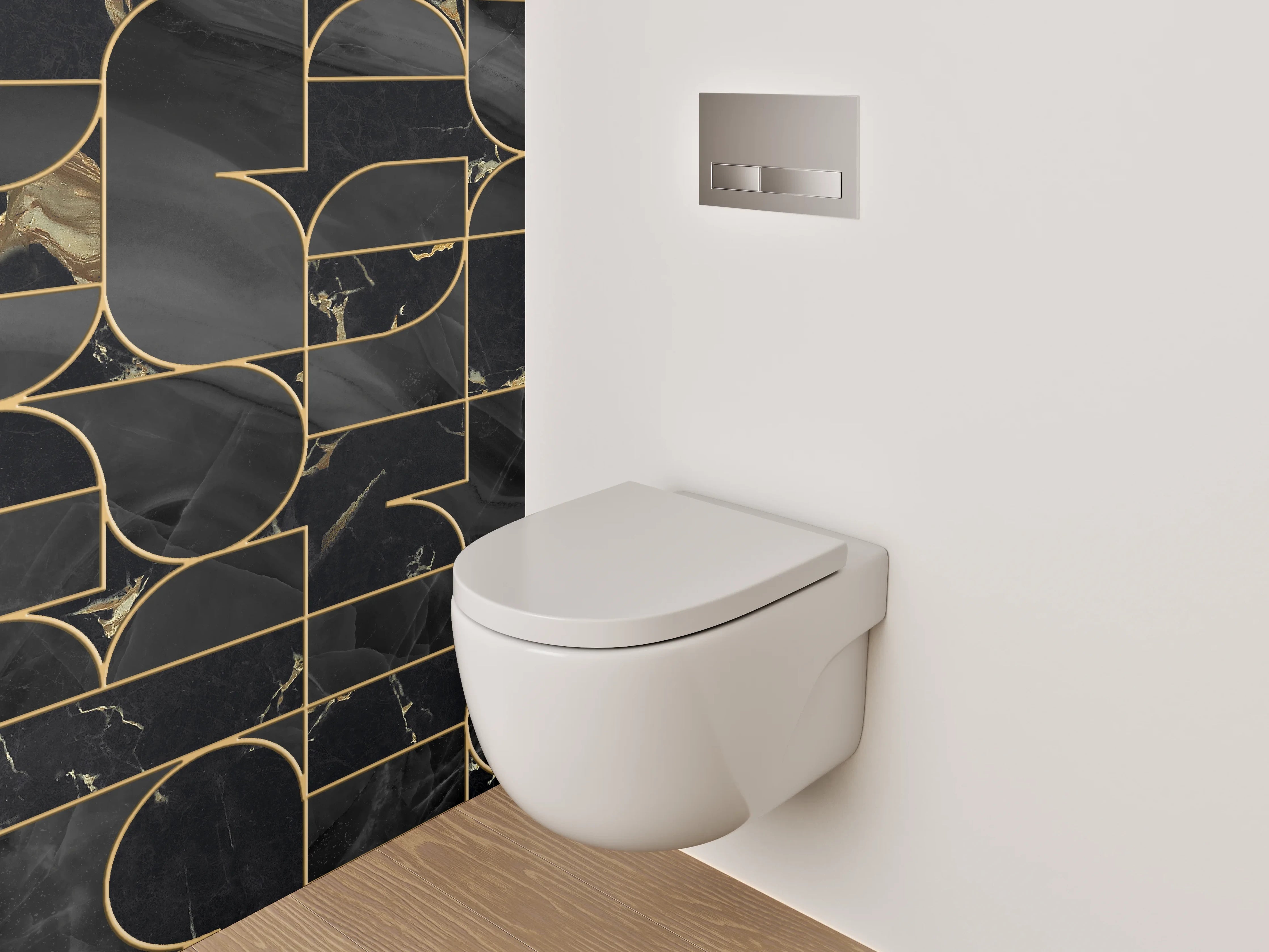 WC-Rückwand - Schwarze Marmor-Gold Geometrie