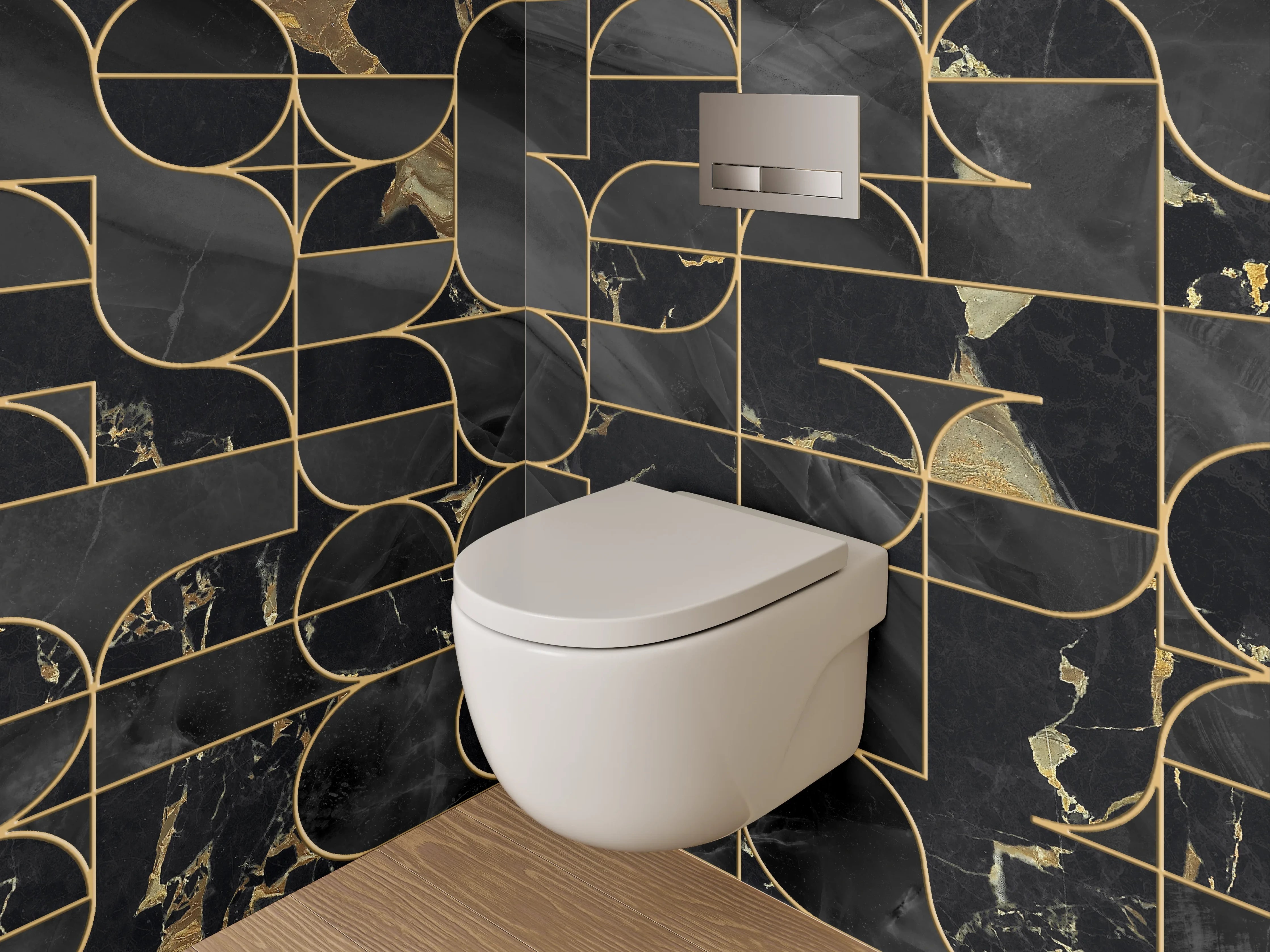 WC-Rückwand - Schwarze Marmor-Gold Geometrie