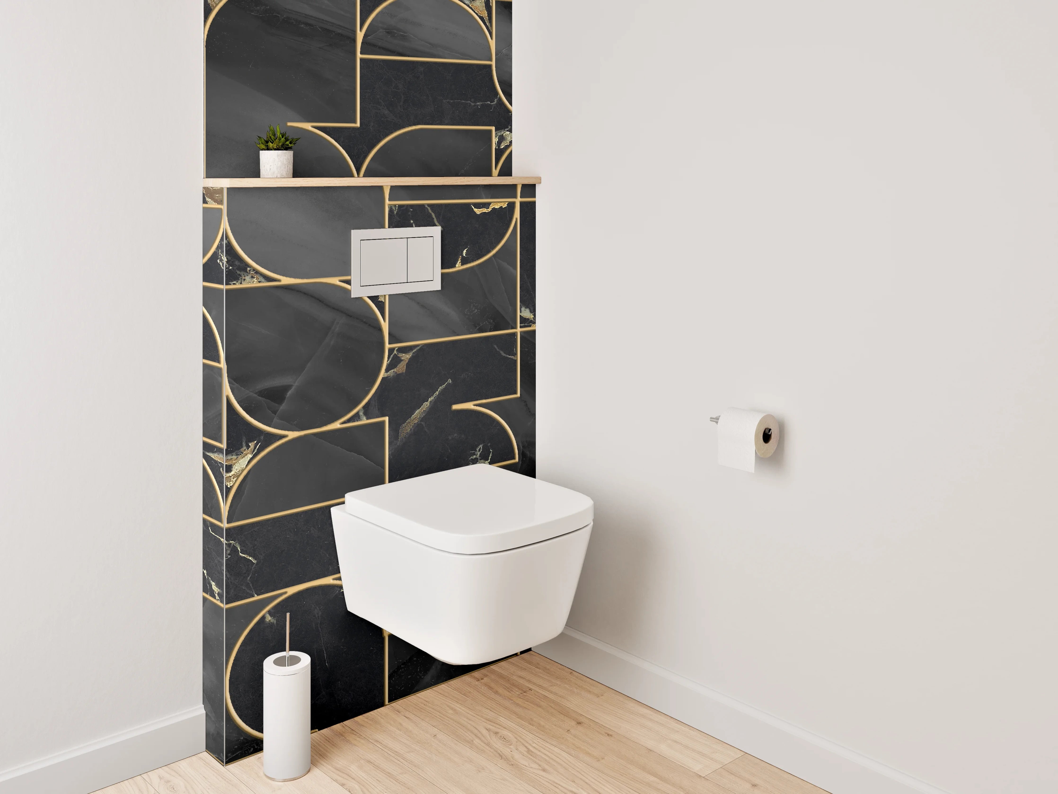 WC-Rückwand - Schwarze Marmor-Gold Geometrie