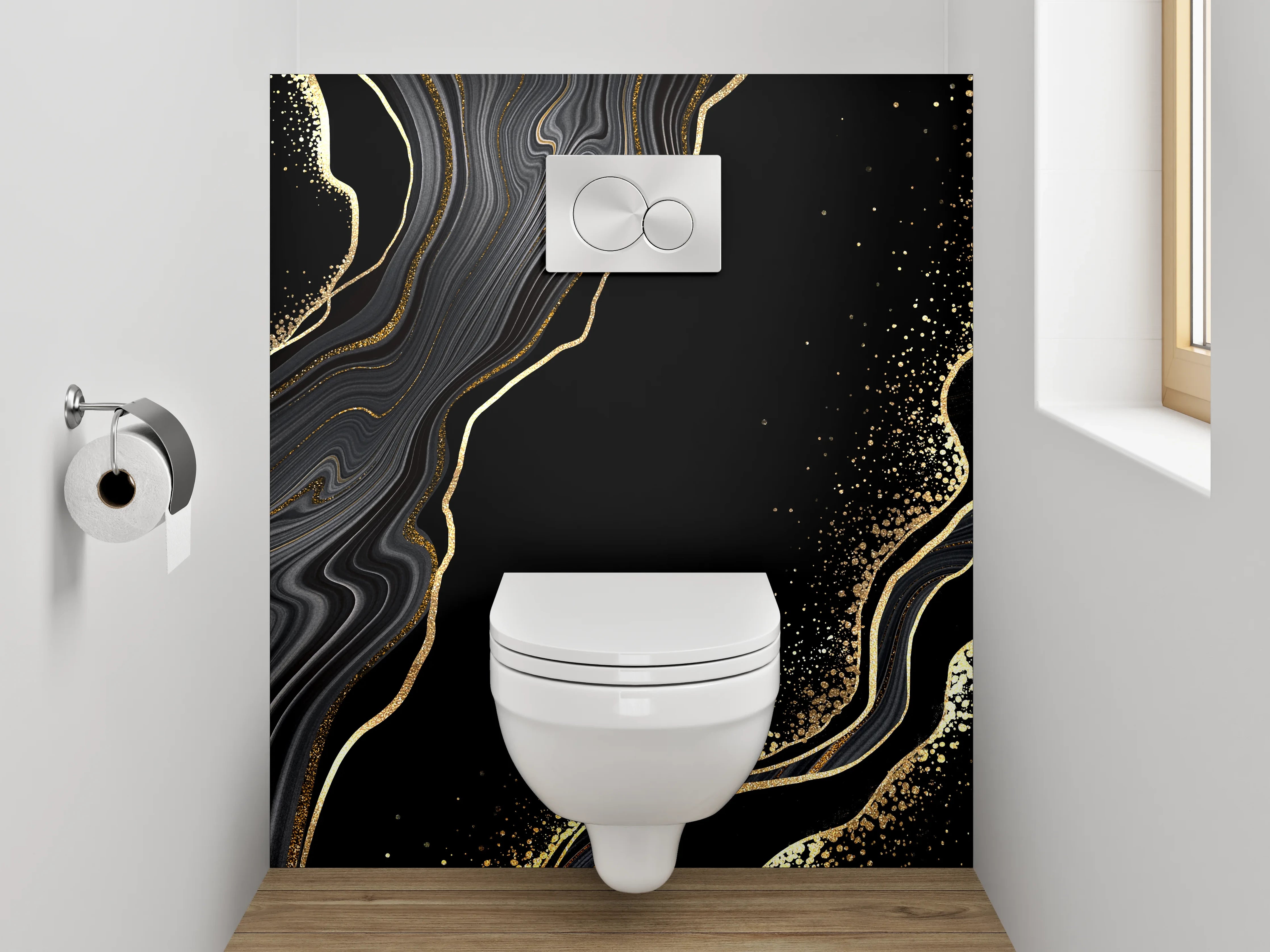 WC-Rückwand - Schwarze Marmor-Optik mit Goldakzenten