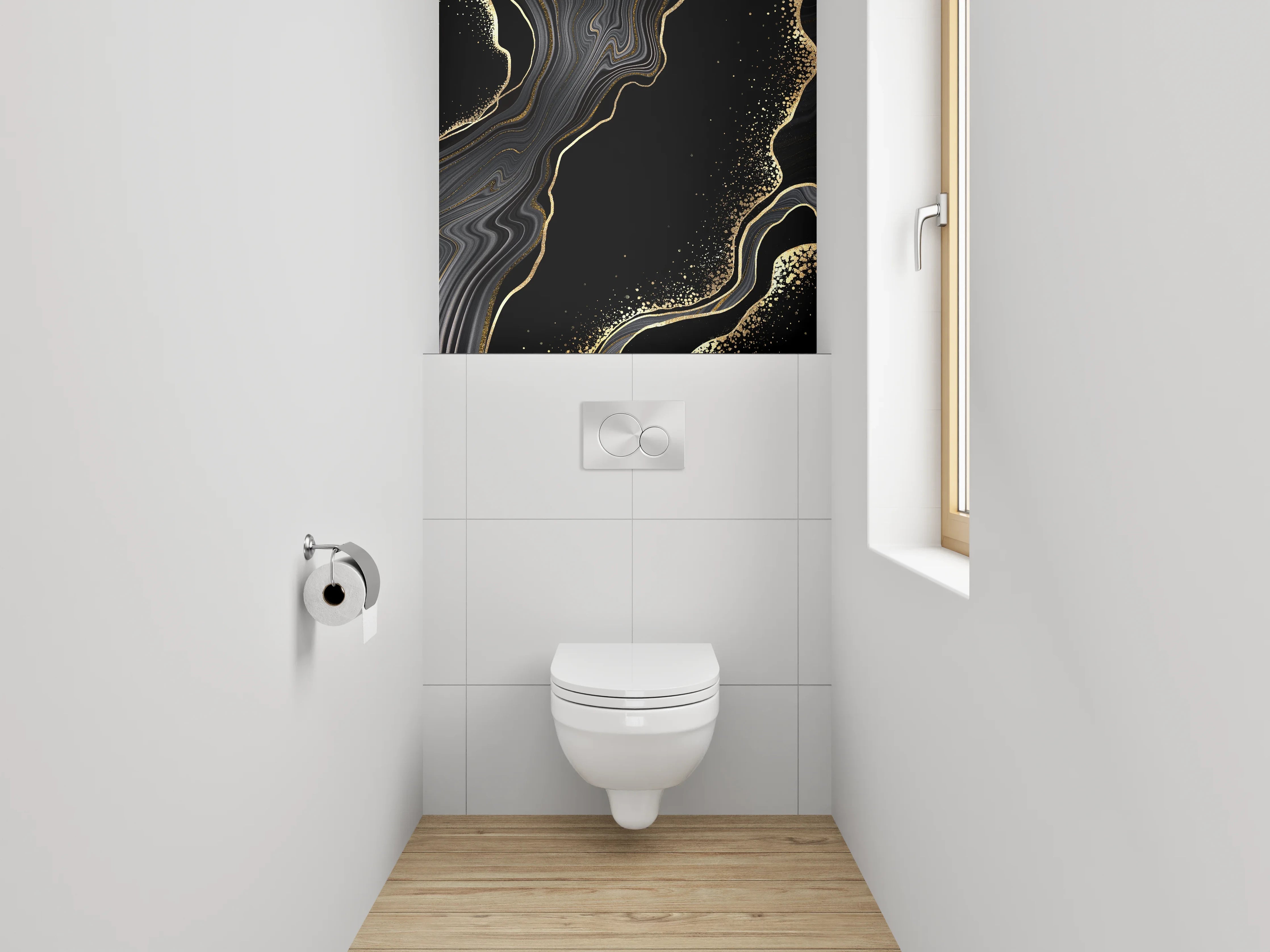 WC-Rückwand - Schwarze Marmor-Optik mit Goldakzenten