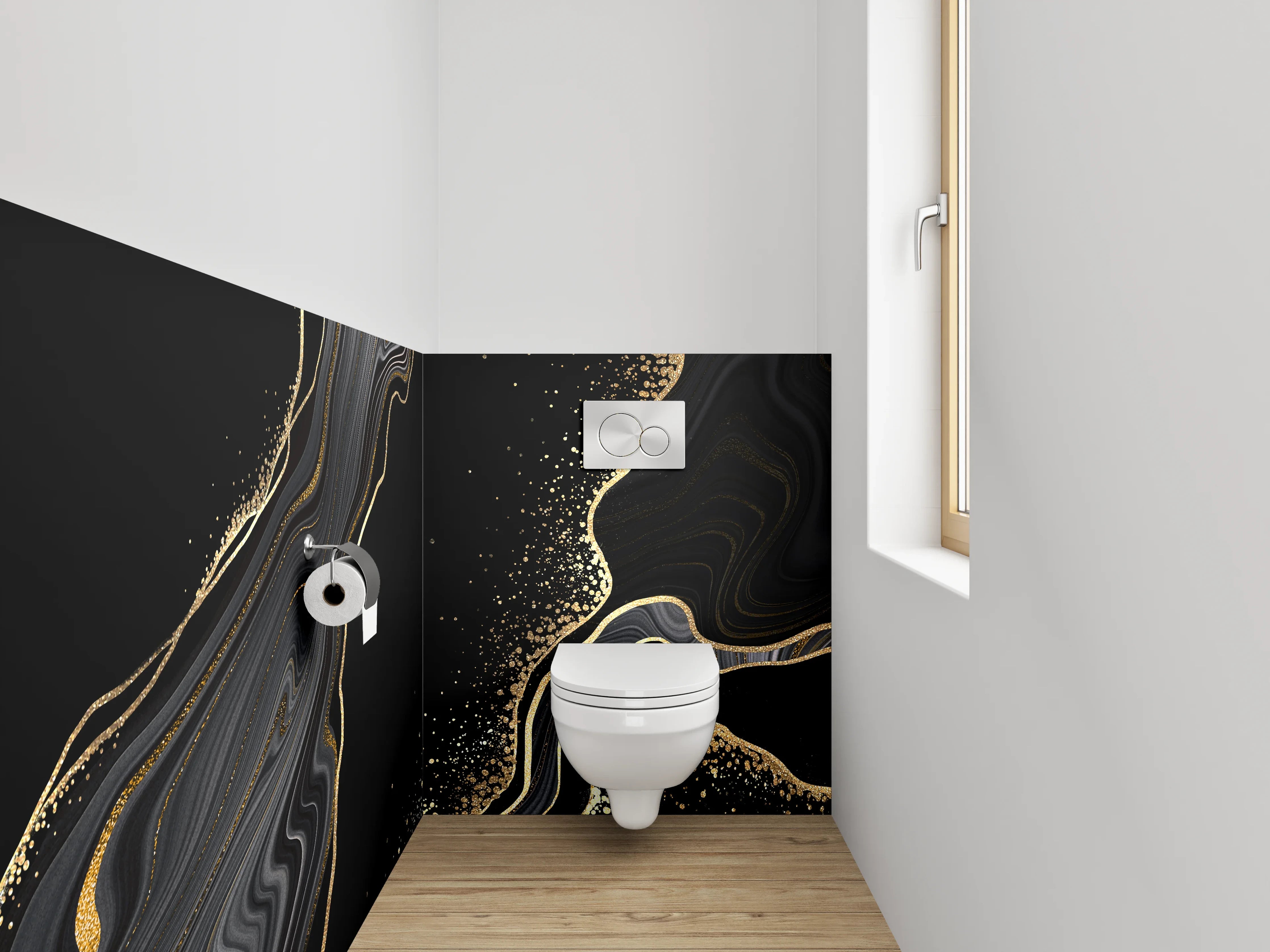 WC-Rückwand - Schwarze Marmor-Optik mit Goldakzenten
