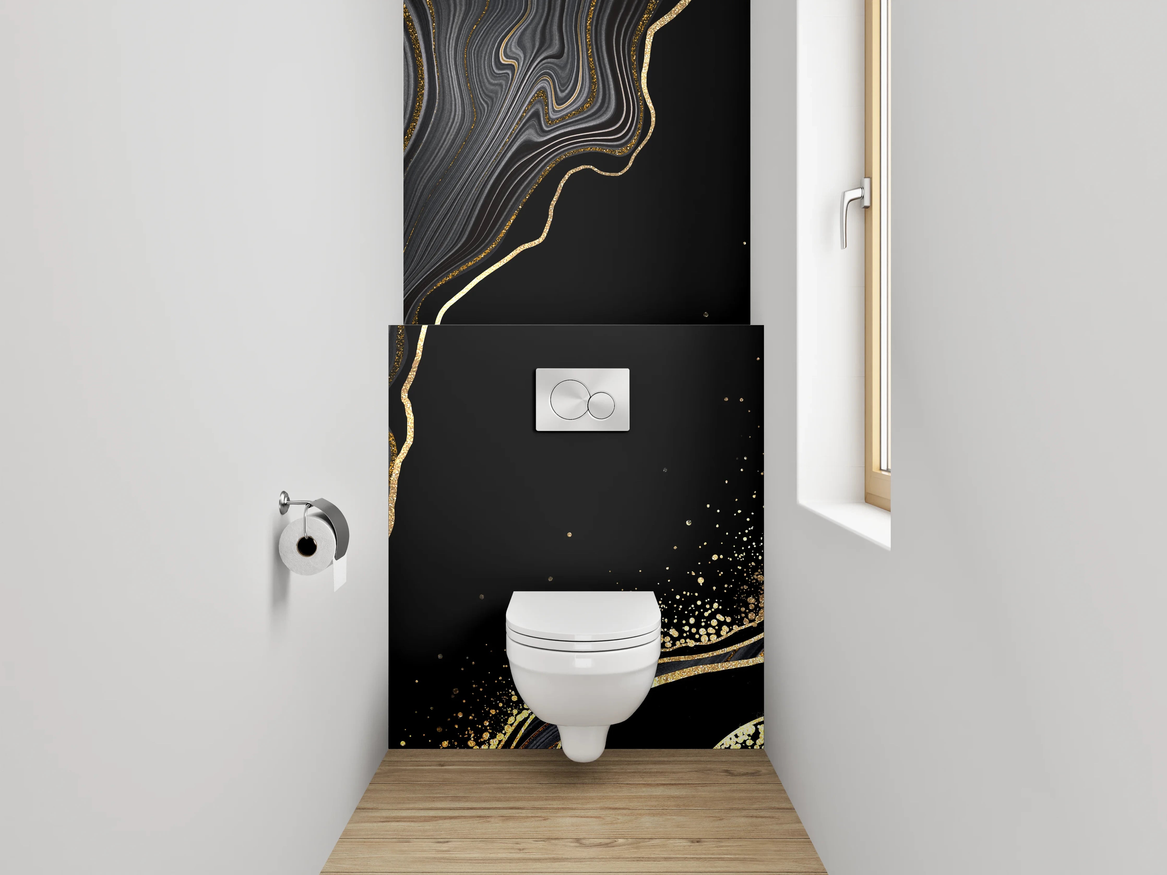 WC-Rückwand - Schwarze Marmor-Optik mit Goldakzenten